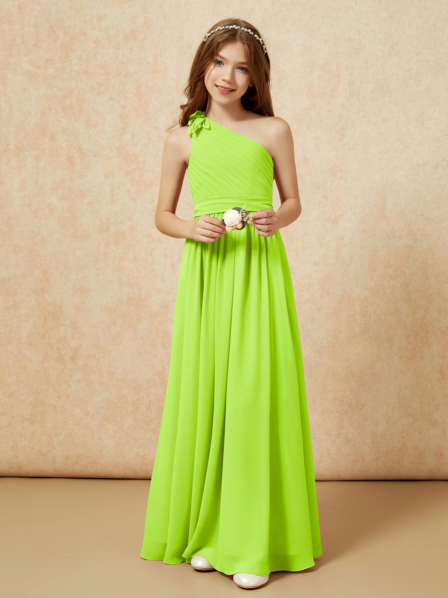 One Shoulder Long Junior Bridesmaid Dress With Belt Lime Green - Image 6