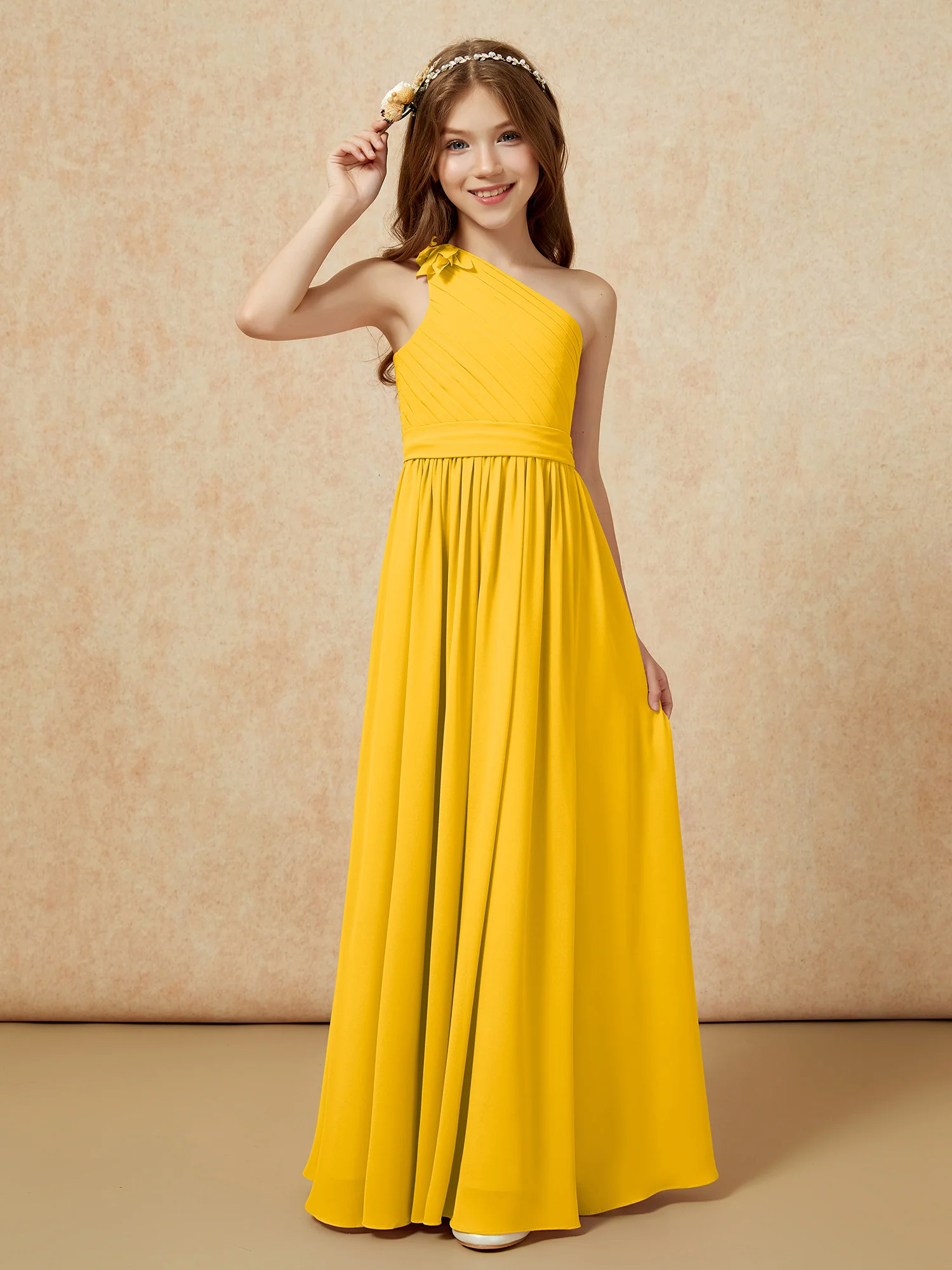 One Shoulder Long Junior Bridesmaid Dress With Belt Marigold - Image 3