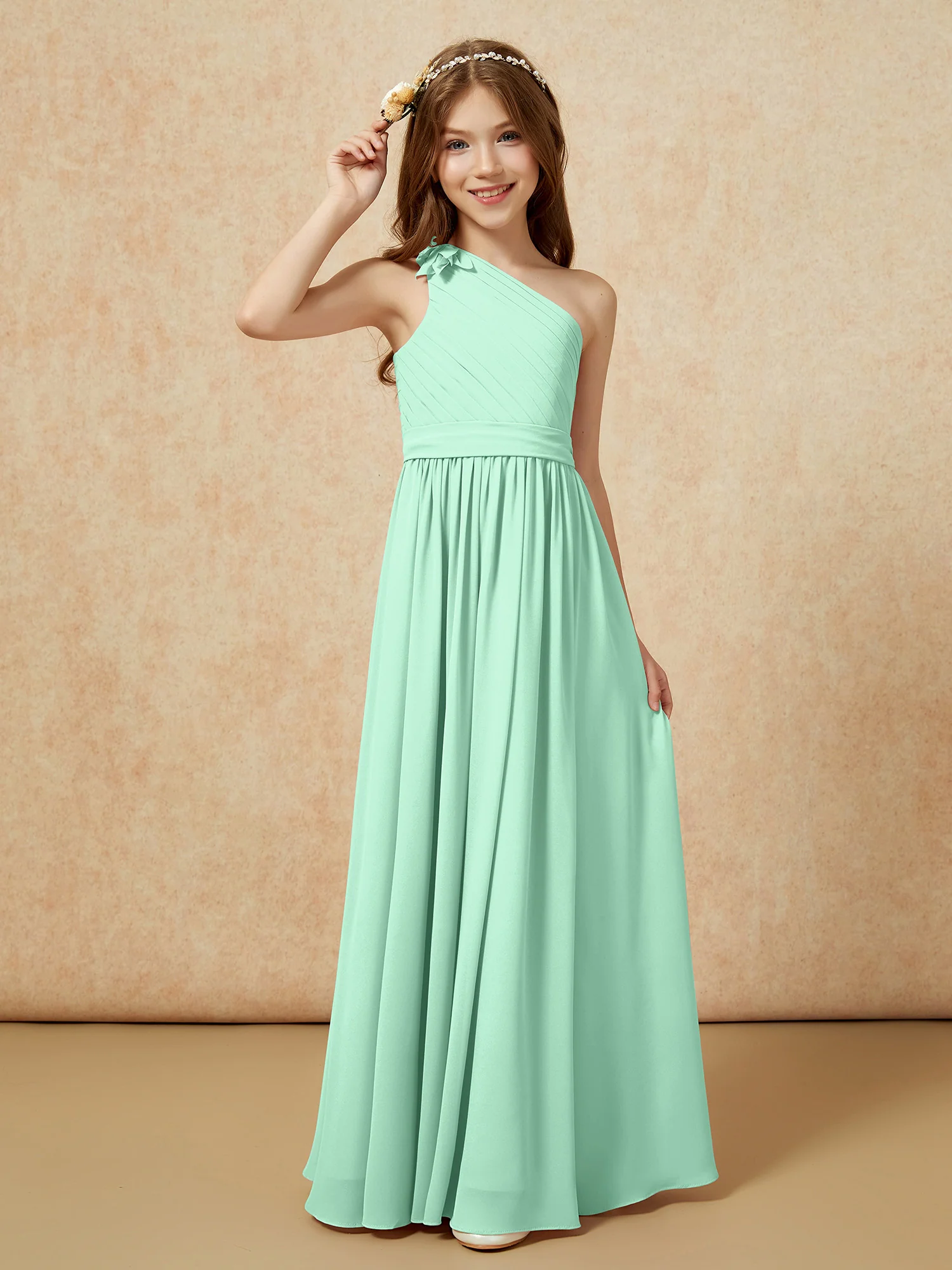 One Shoulder Long Junior Bridesmaid Dress With Belt Mint Green - Image 3