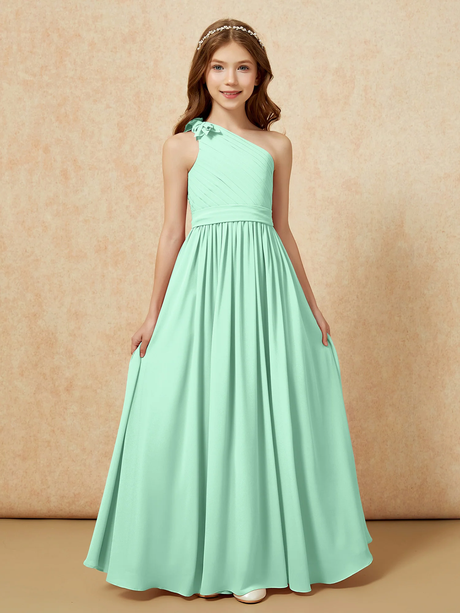 One Shoulder Long Junior Bridesmaid Dress With Belt Mint Green - Image 4