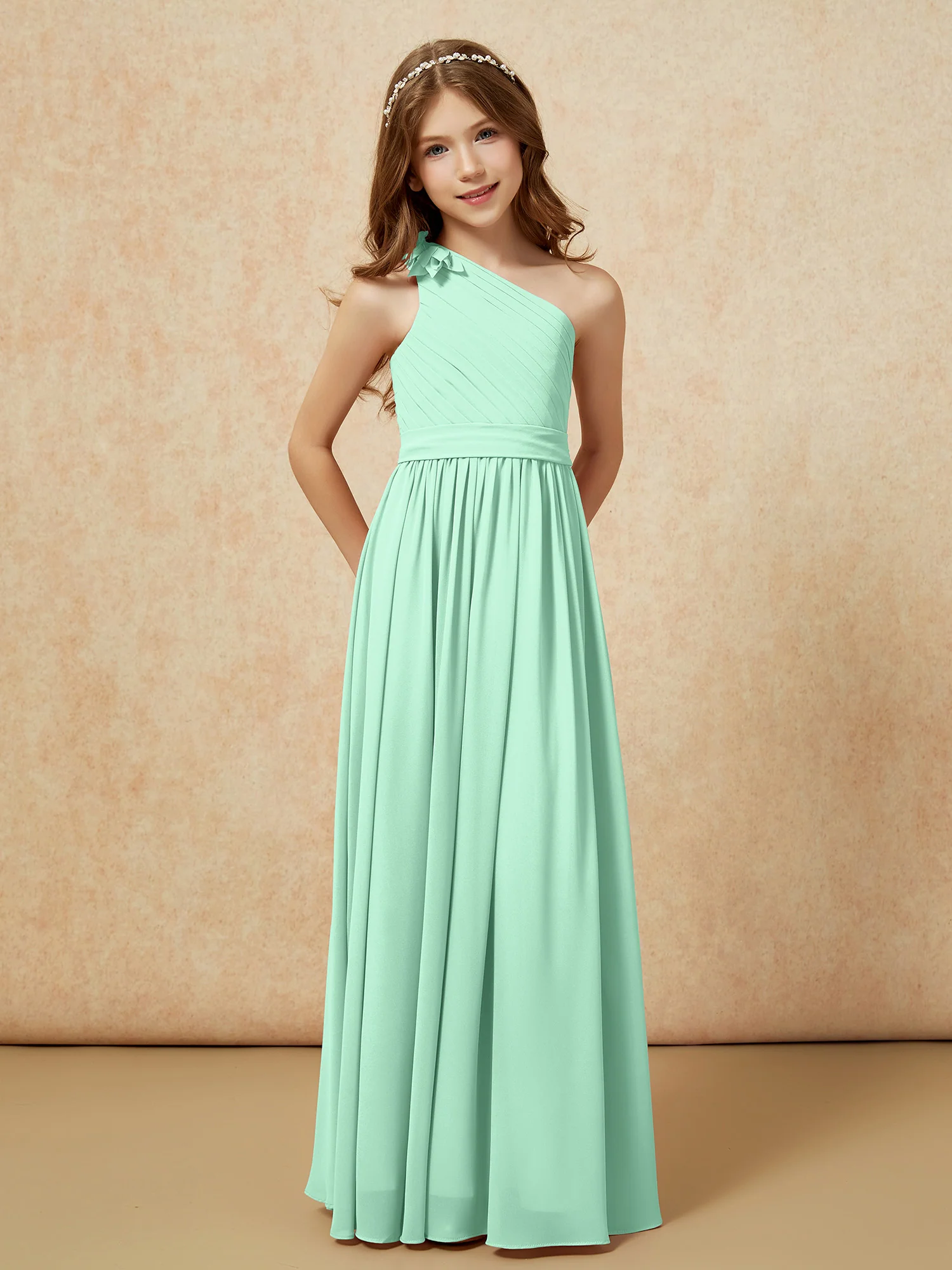 One Shoulder Long Junior Bridesmaid Dress With Belt Mint Green - Image 5