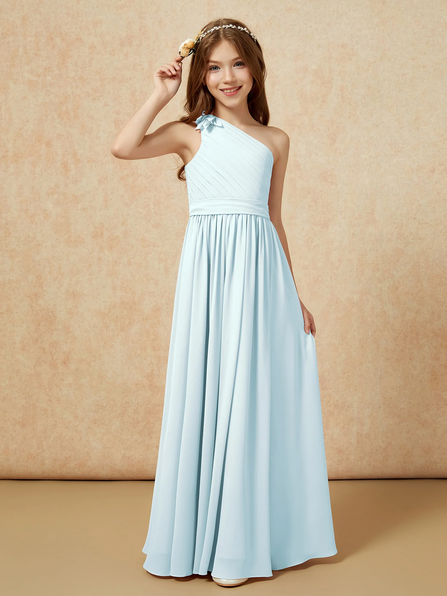 One Shoulder Long Junior Bridesmaid Dress With Belt Mist - Image 3