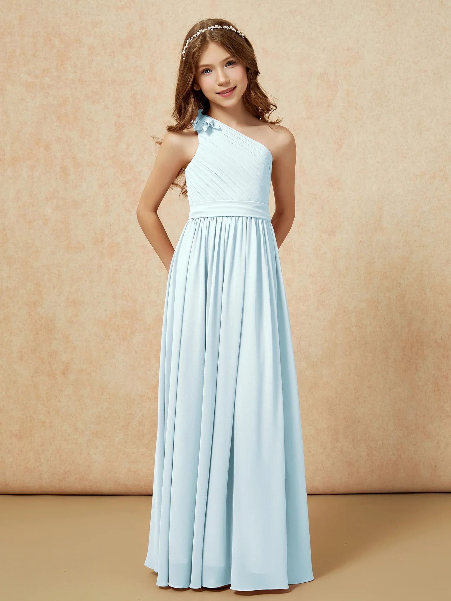 One Shoulder Long Junior Bridesmaid Dress With Belt Mist - Image 5