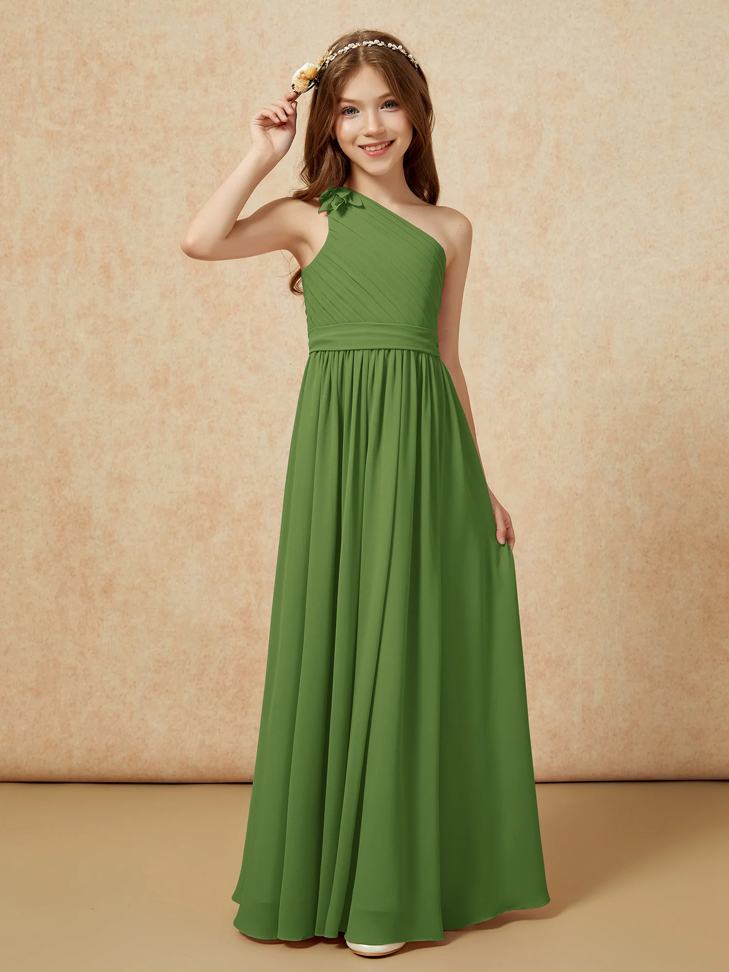 One Shoulder Long Junior Bridesmaid Dress With Belt Moss - Image 3