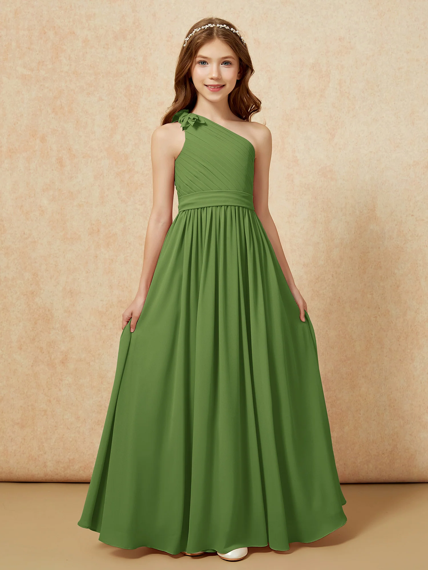 One Shoulder Long Junior Bridesmaid Dress With Belt Moss - Image 4