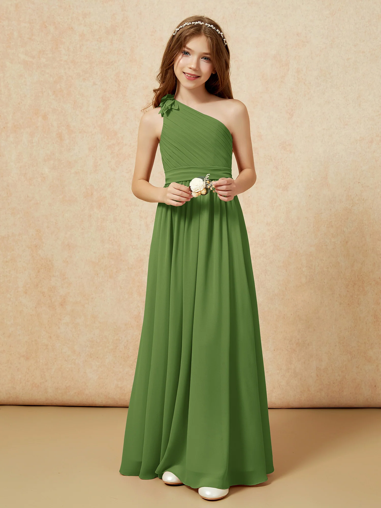 One Shoulder Long Junior Bridesmaid Dress With Belt Moss - Image 6