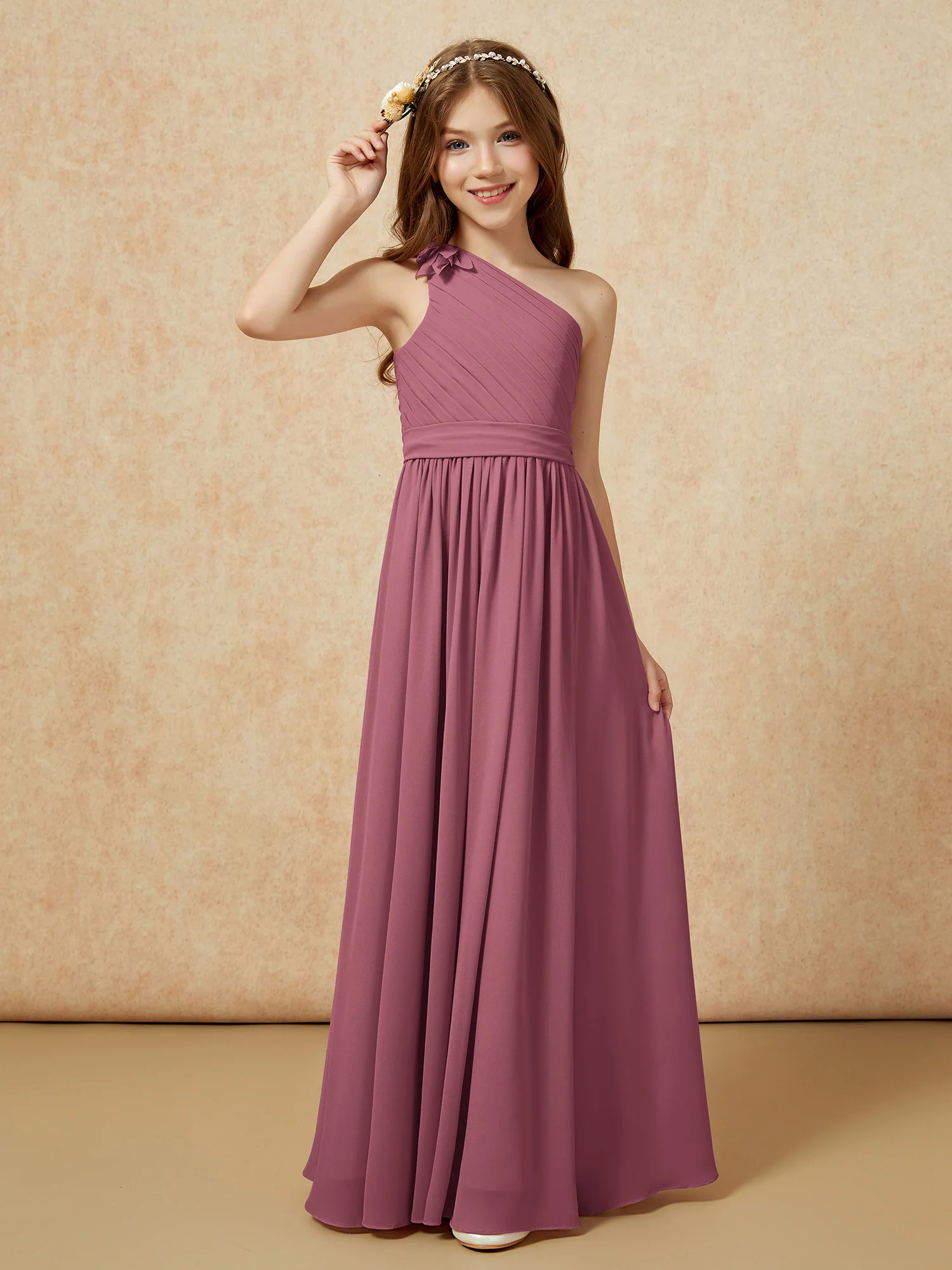 One Shoulder Long Junior Bridesmaid Dress With Belt Mulberry - Image 3