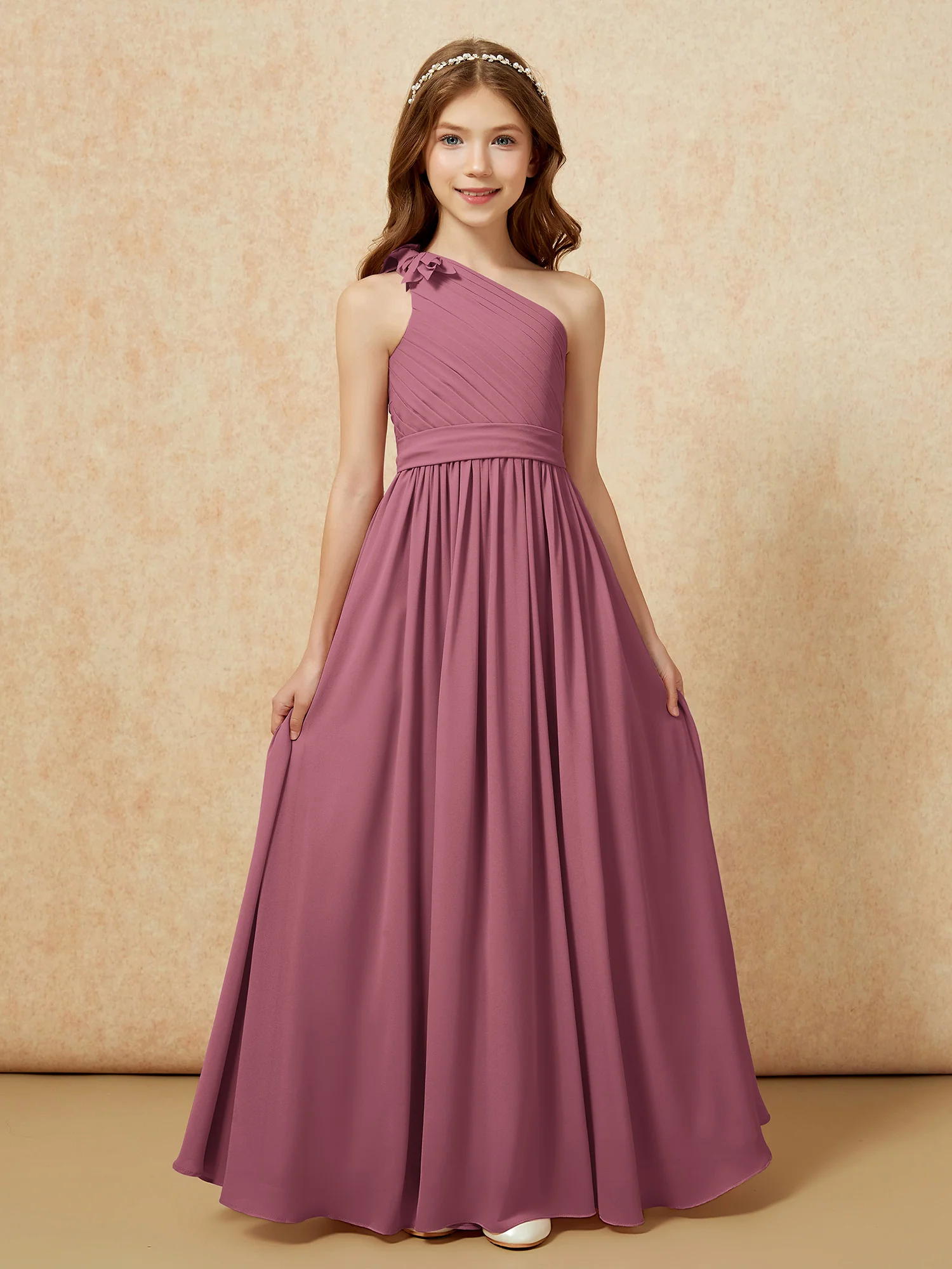 One Shoulder Long Junior Bridesmaid Dress With Belt Mulberry - Image 4