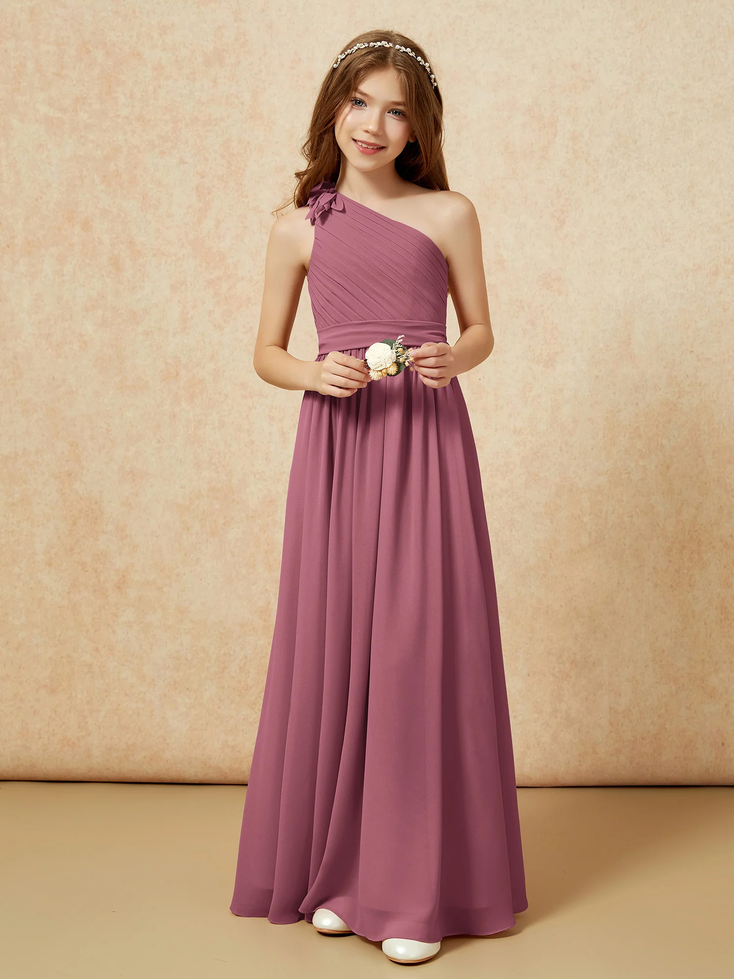 One Shoulder Long Junior Bridesmaid Dress With Belt Mulberry - Image 6