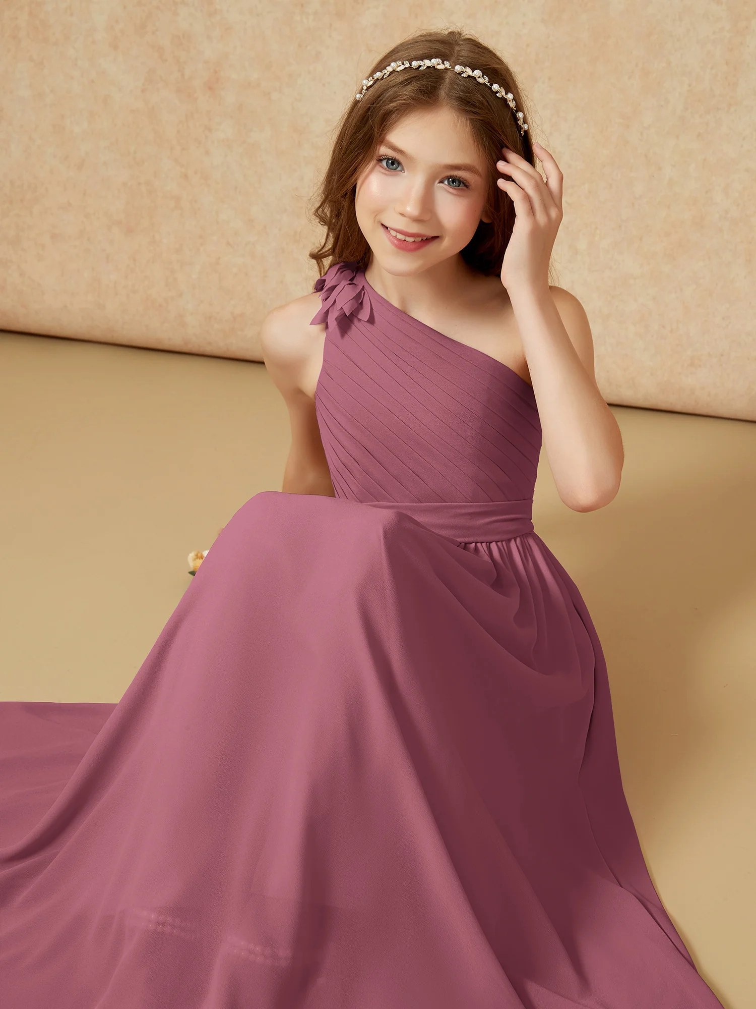 One Shoulder Long Junior Bridesmaid Dress With Belt Mulberry - Image 7
