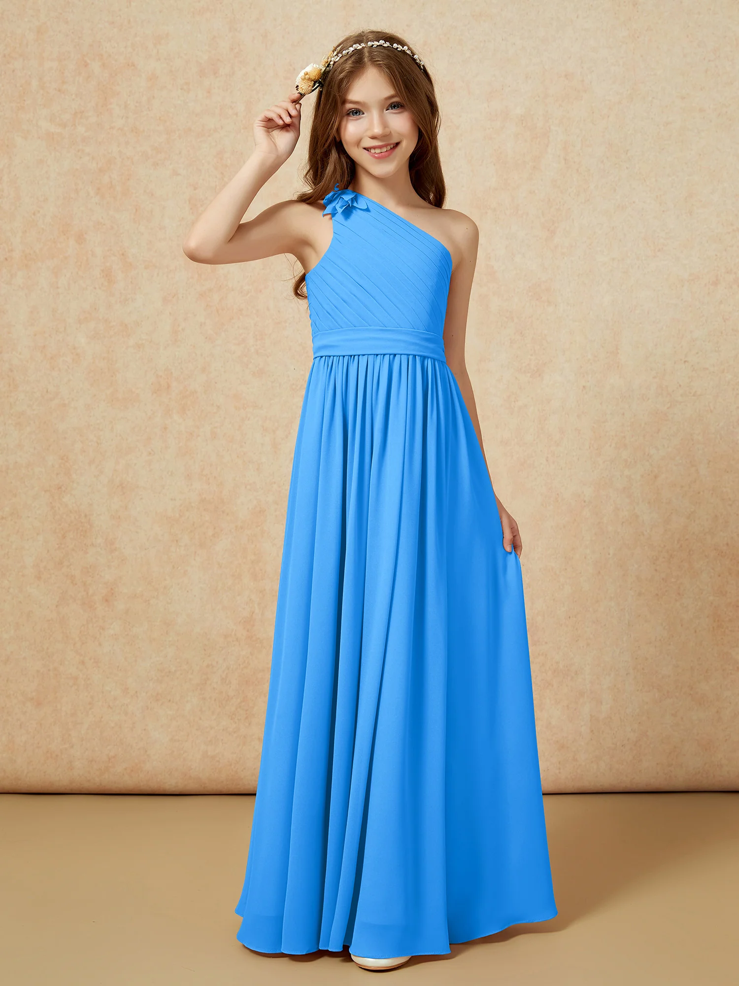 One Shoulder Long Junior Bridesmaid Dress With Belt Ocean Blue - Image 3