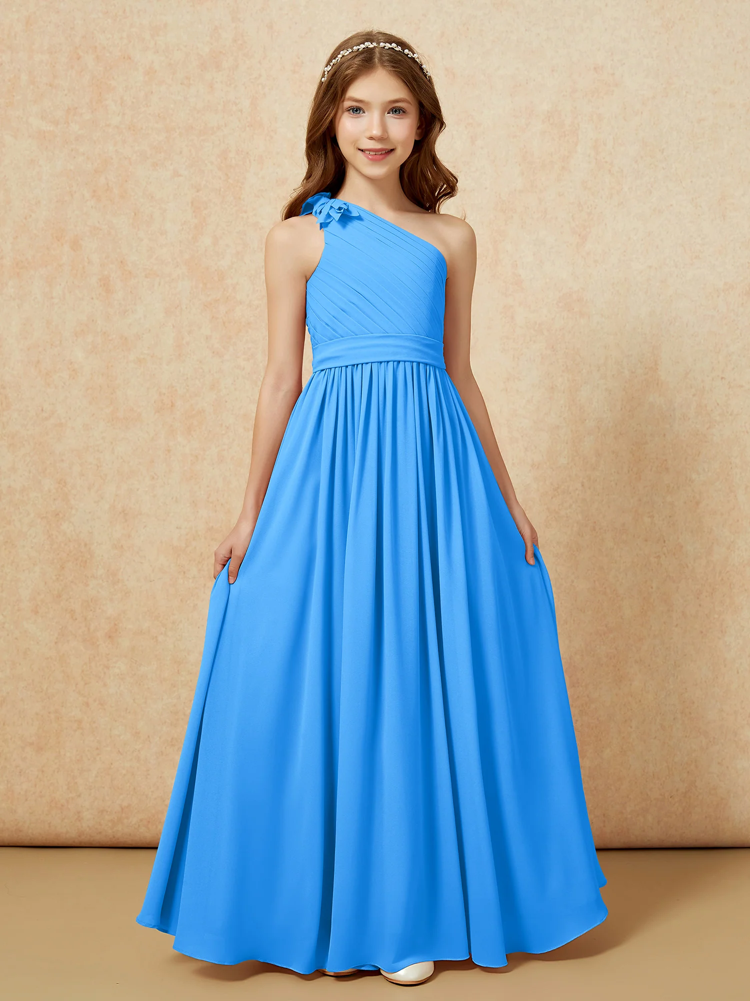 One Shoulder Long Junior Bridesmaid Dress With Belt Ocean Blue - Image 4