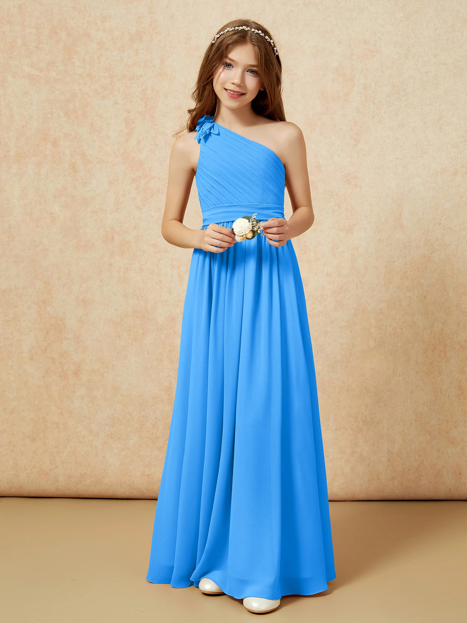 One Shoulder Long Junior Bridesmaid Dress With Belt Ocean Blue - Image 6