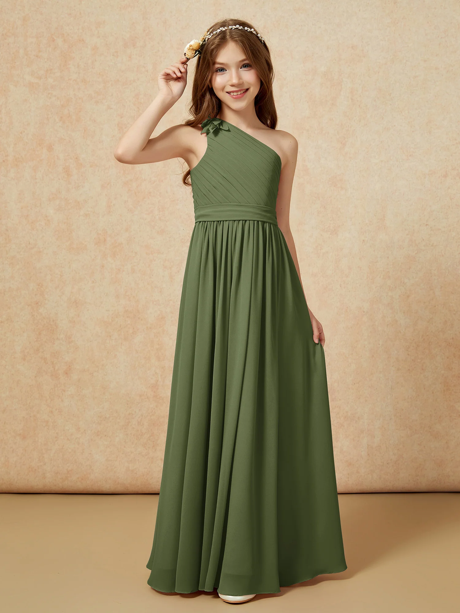 One Shoulder Long Junior Bridesmaid Dress With Belt Olive Green - Image 3