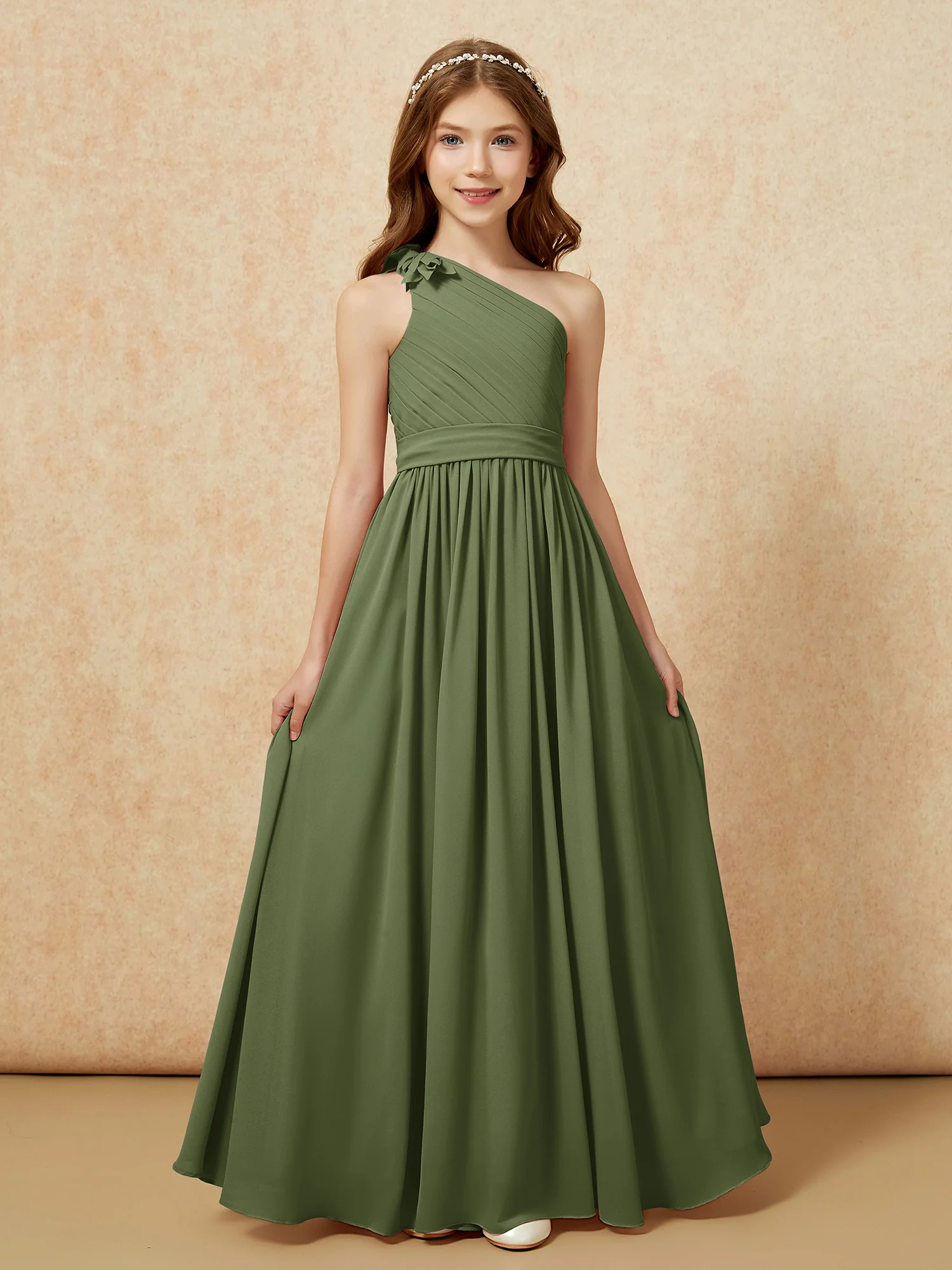 One Shoulder Long Junior Bridesmaid Dress With Belt Olive Green - Image 4