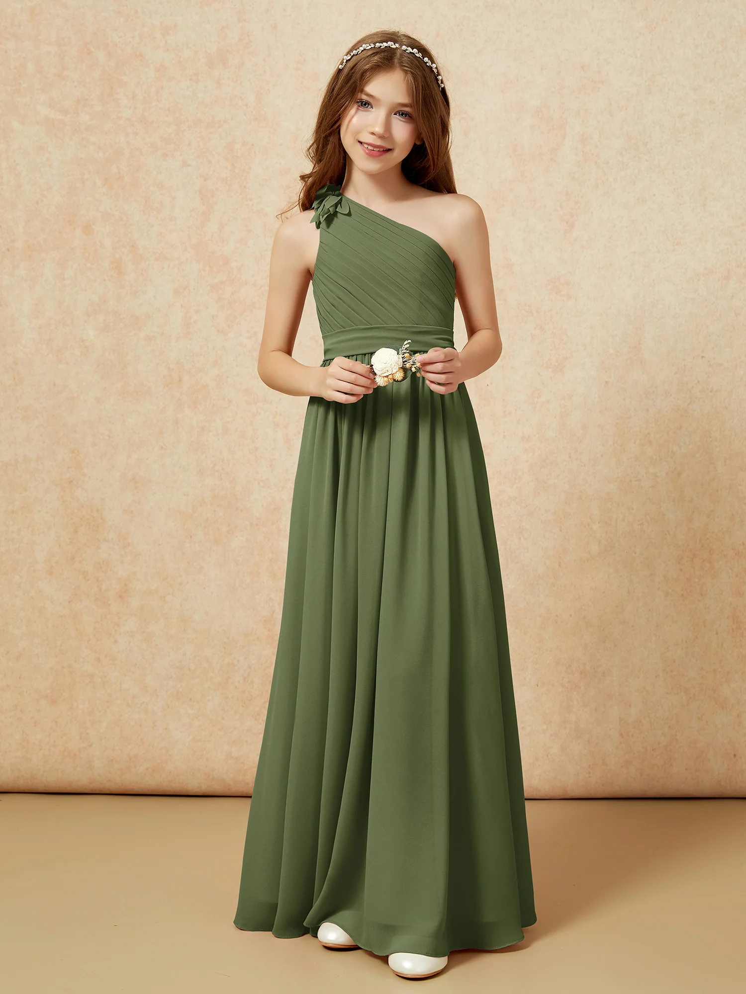 One Shoulder Long Junior Bridesmaid Dress With Belt Olive Green - Image 6