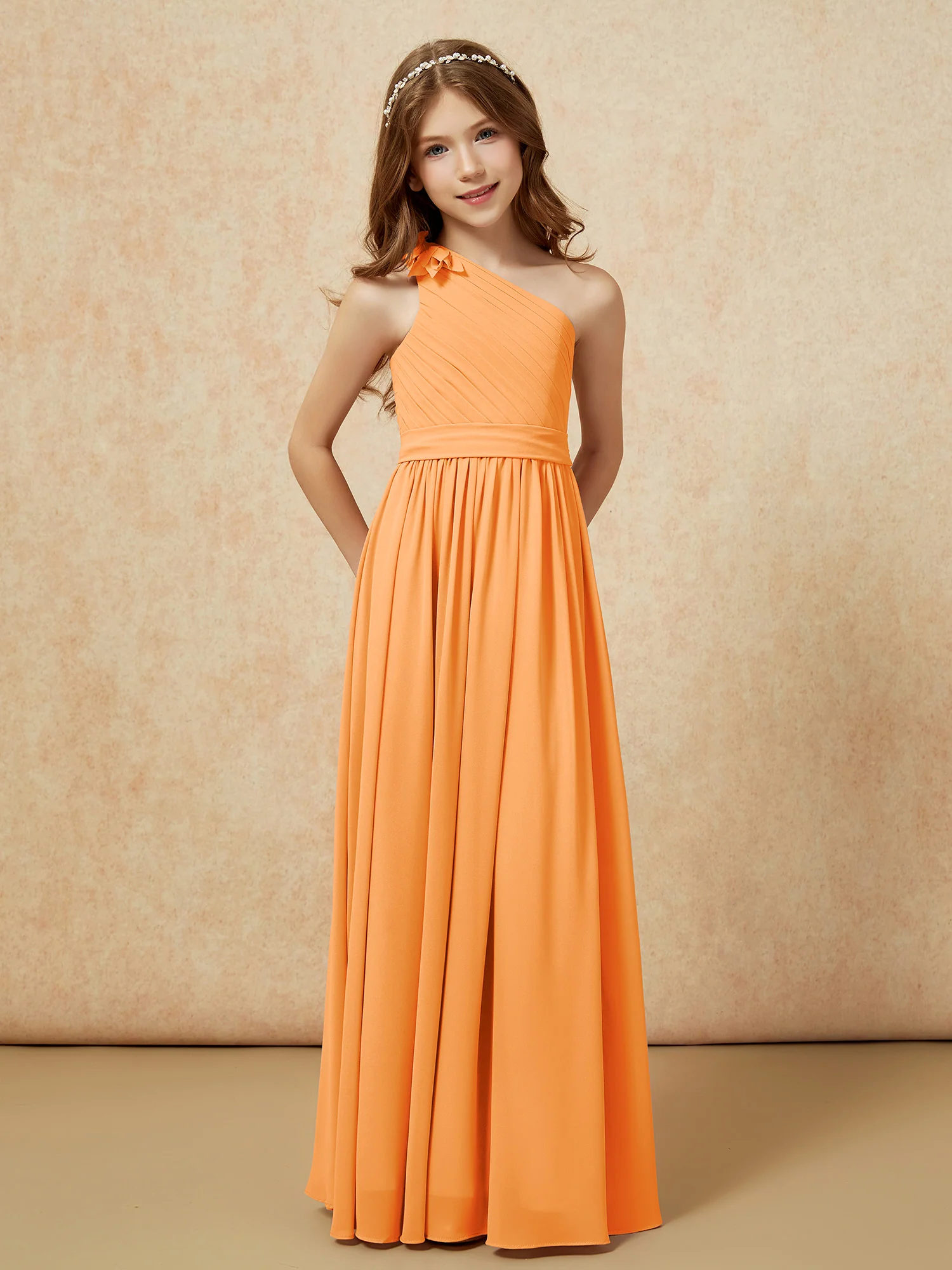 One Shoulder Long Junior Bridesmaid Dress With Belt Orange - Image 5