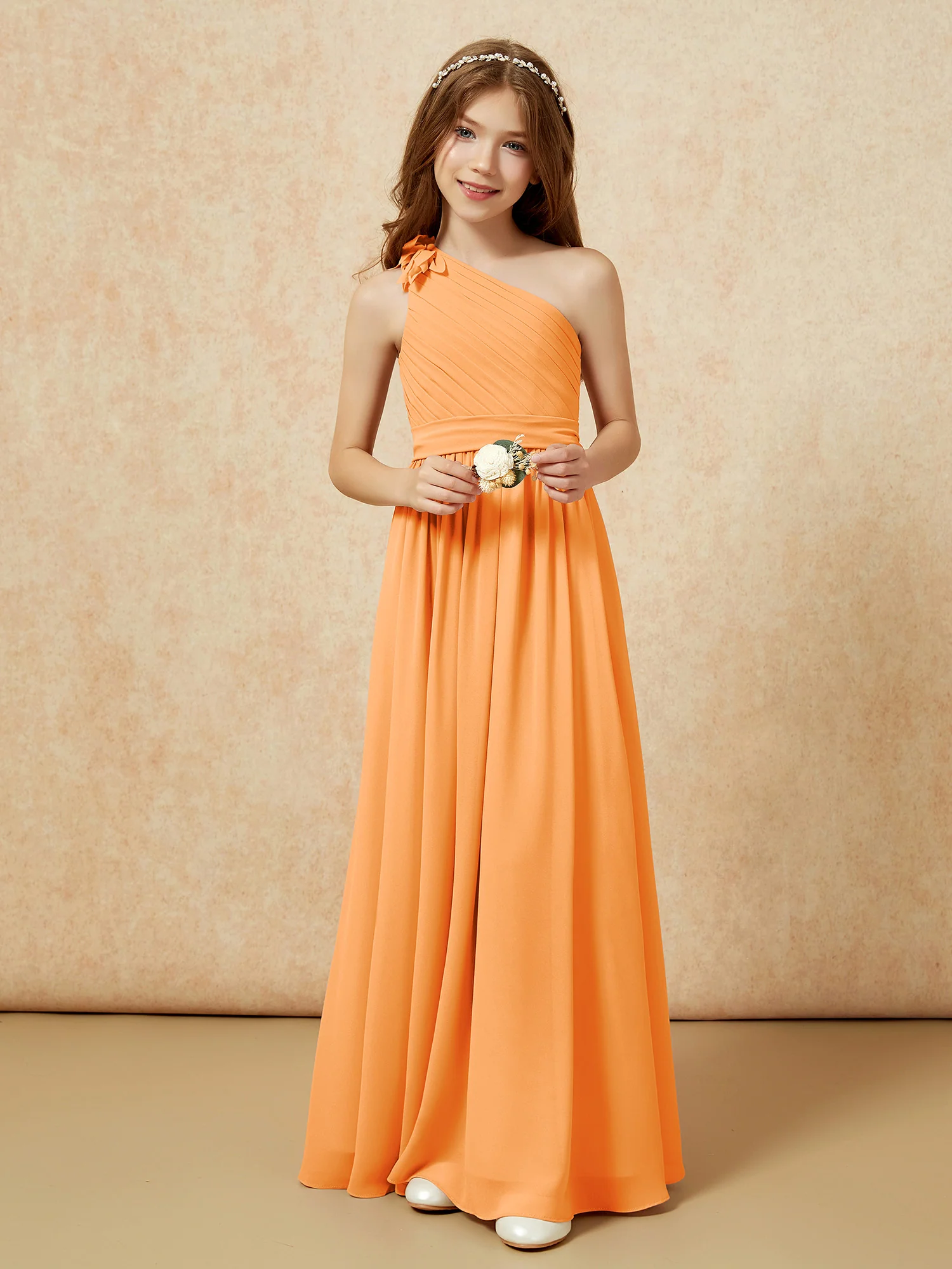 One Shoulder Long Junior Bridesmaid Dress With Belt Orange - Image 6