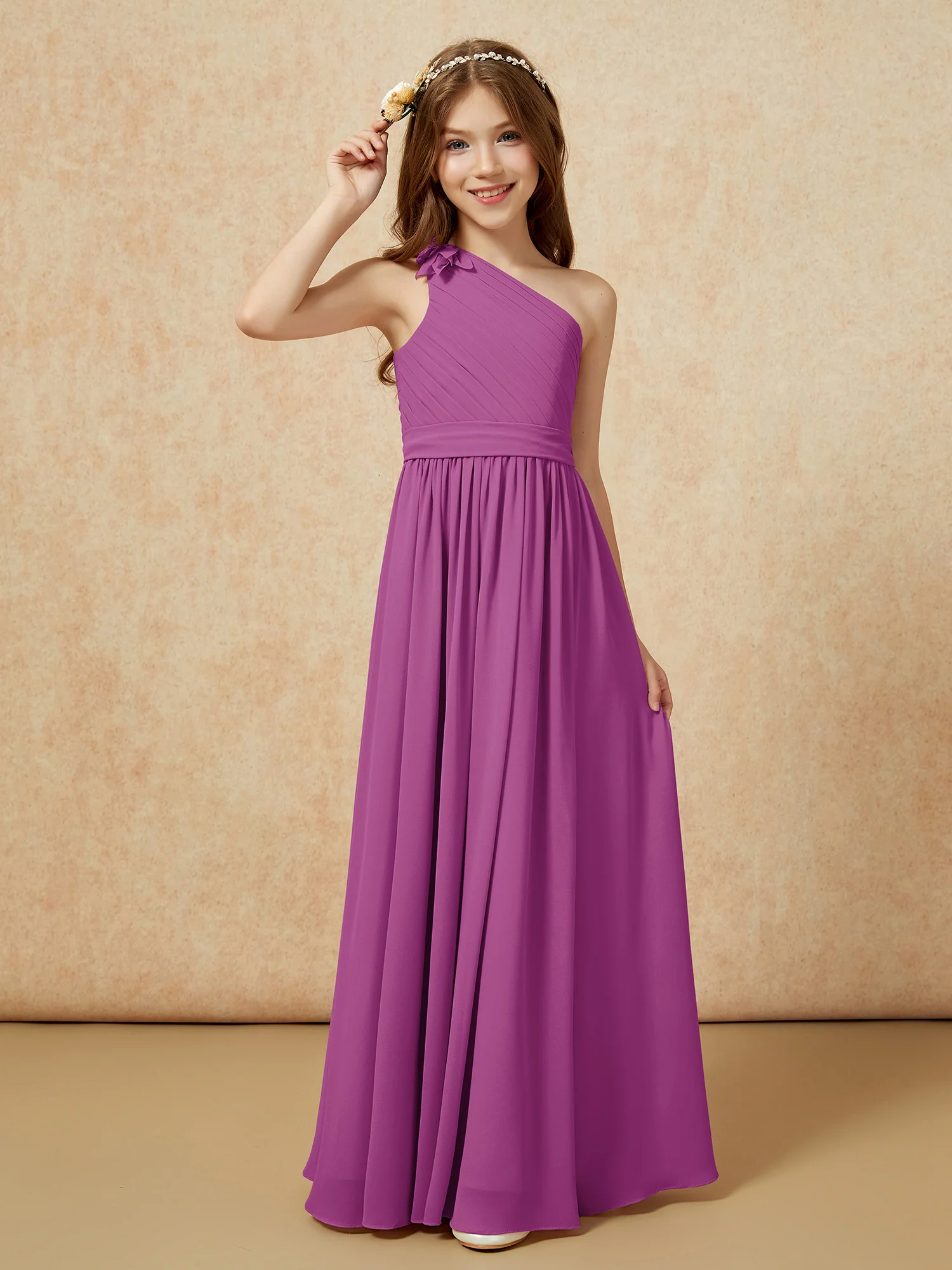 One Shoulder Long Junior Bridesmaid Dress With Belt Orchid - Image 3