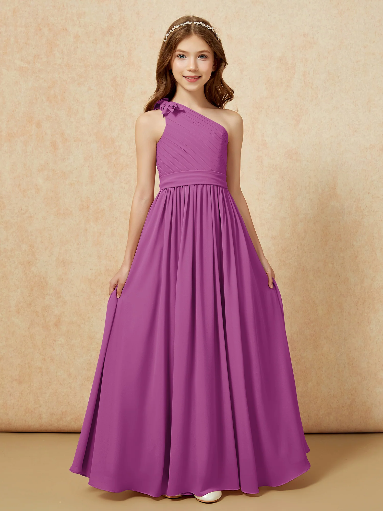 One Shoulder Long Junior Bridesmaid Dress With Belt Orchid - Image 4