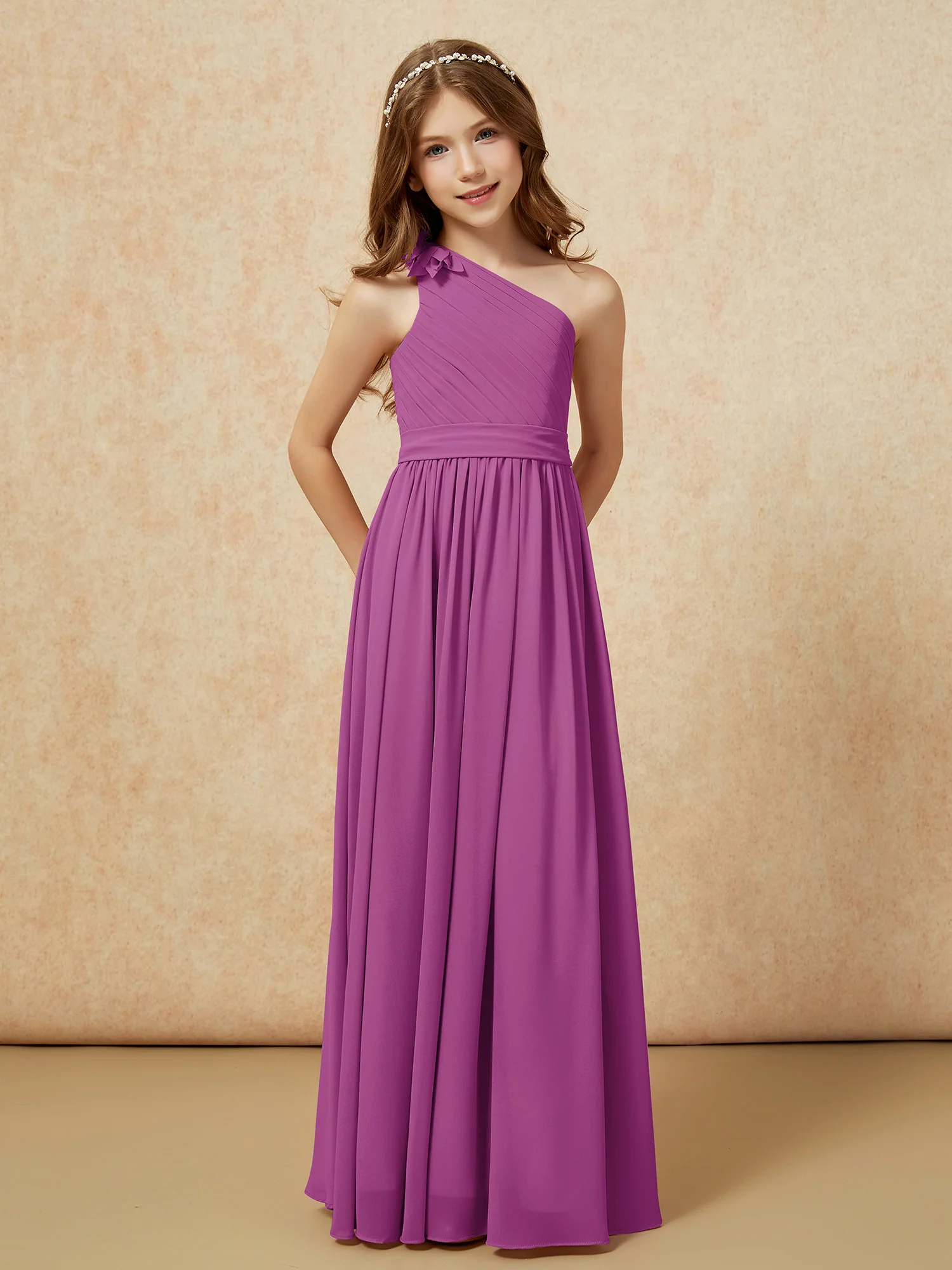 One Shoulder Long Junior Bridesmaid Dress With Belt Orchid - Image 5