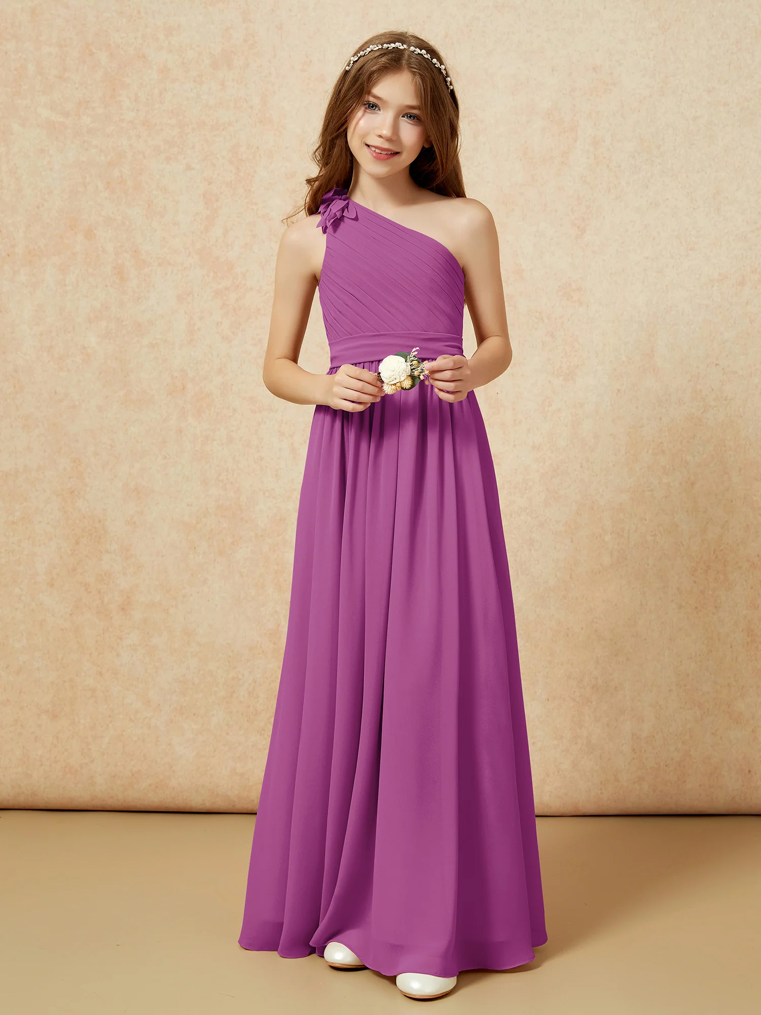 One Shoulder Long Junior Bridesmaid Dress With Belt Orchid - Image 6