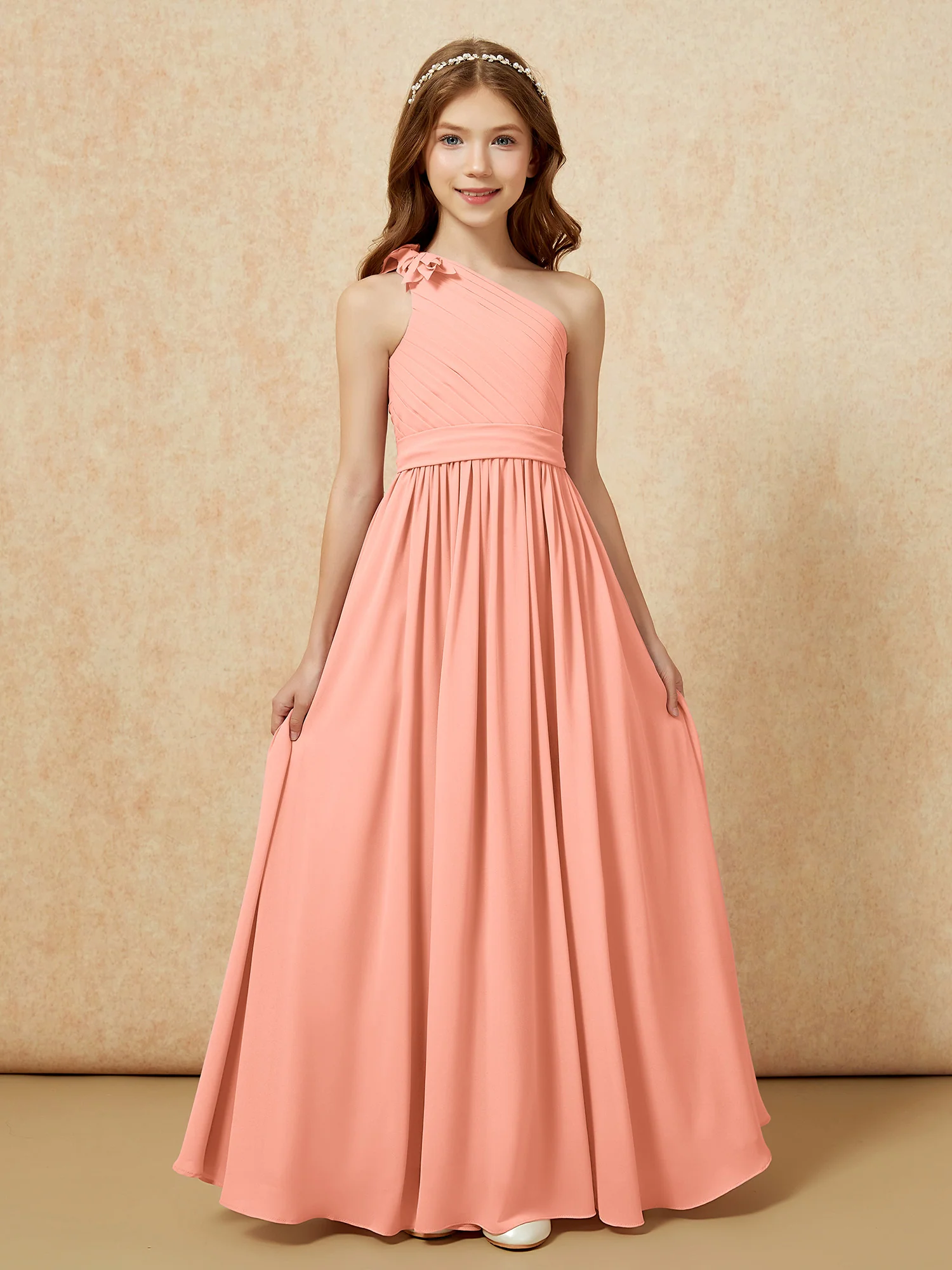 One Shoulder Long Junior Bridesmaid Dress With Belt Papaya - Image 4