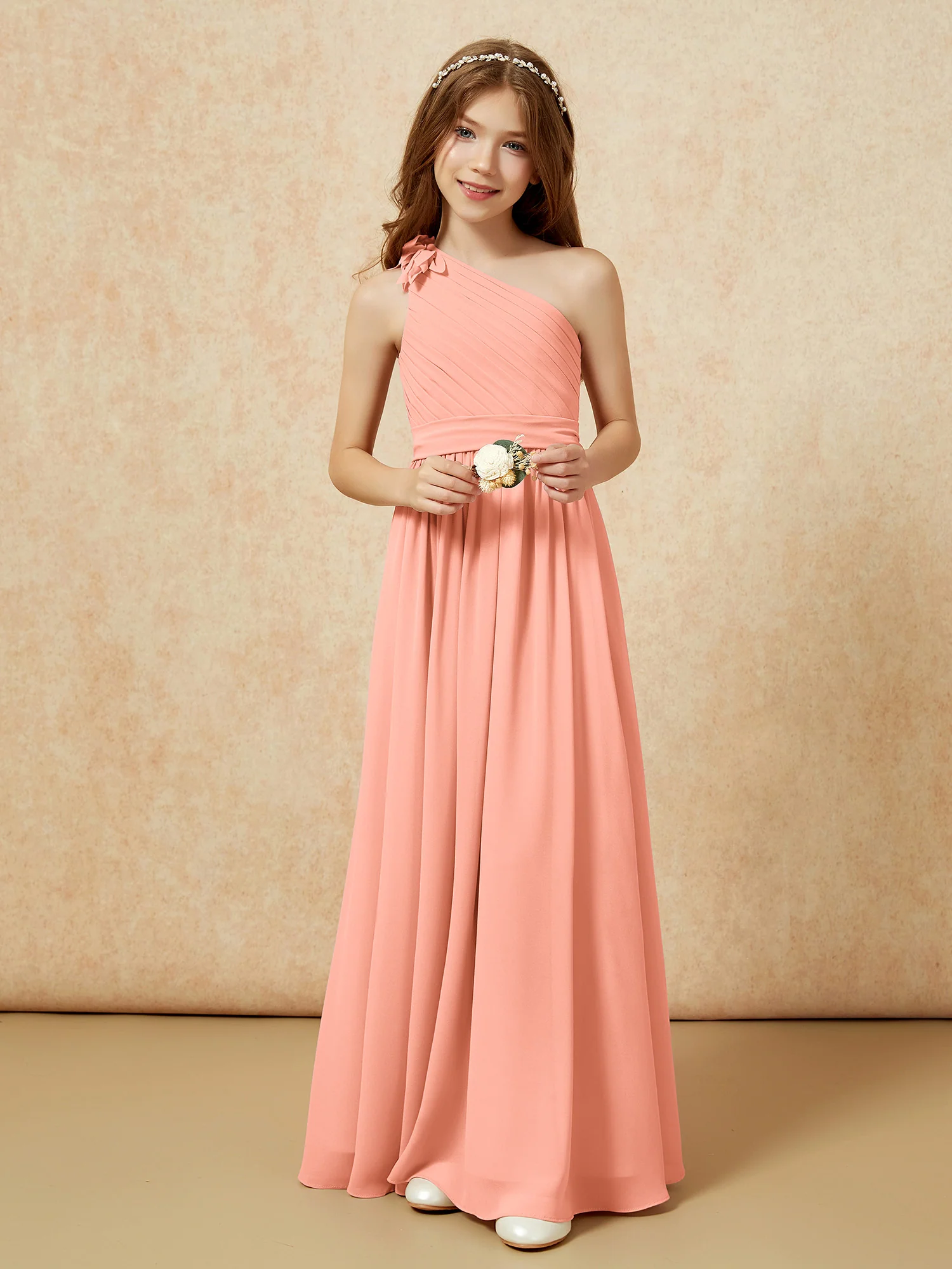 One Shoulder Long Junior Bridesmaid Dress With Belt Papaya - Image 6