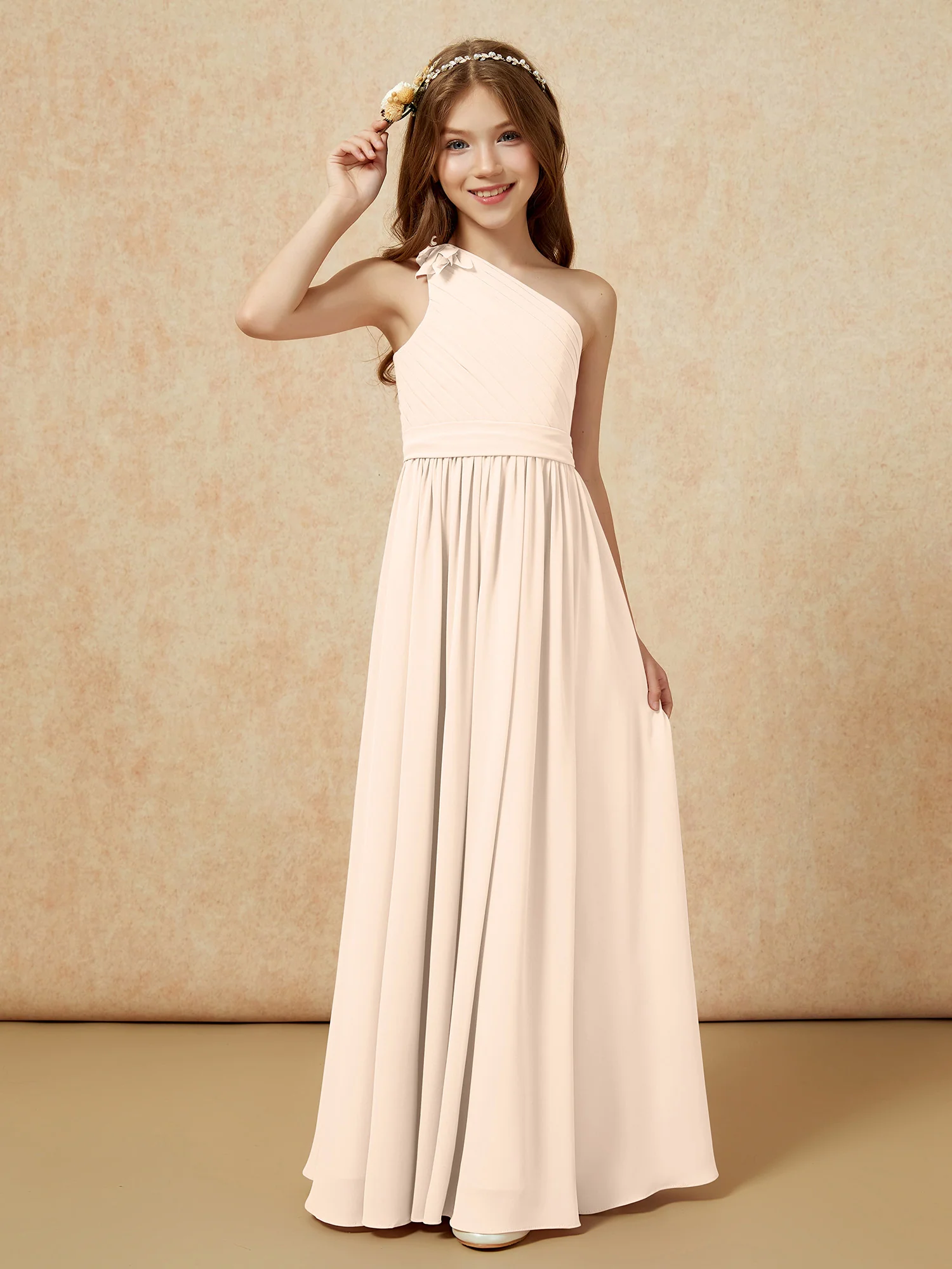 One Shoulder Long Junior Bridesmaid Dress With Belt Peach - Image 3