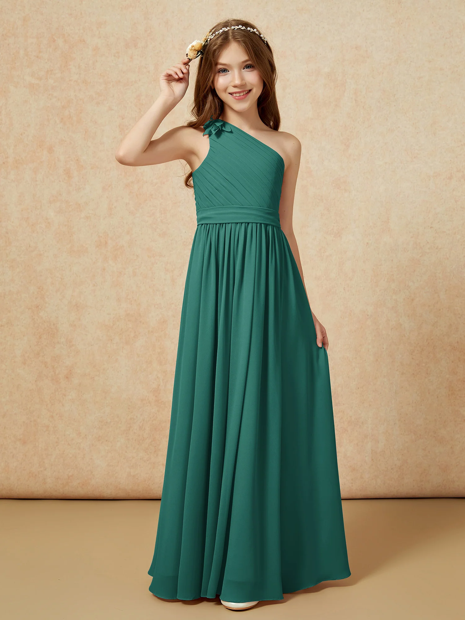 One Shoulder Long Junior Bridesmaid Dress With Belt Peacock - Image 3