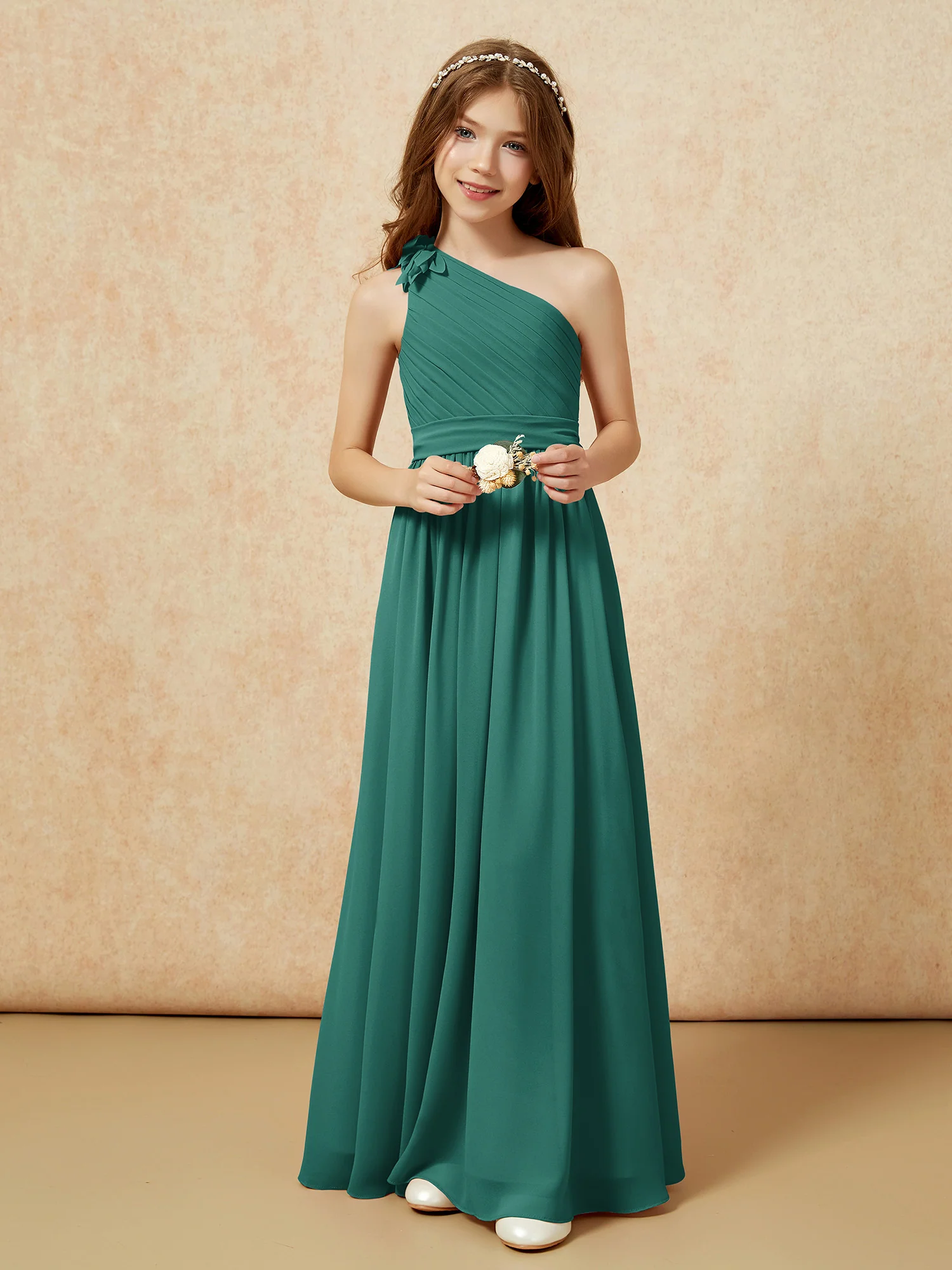 One Shoulder Long Junior Bridesmaid Dress With Belt Peacock - Image 6