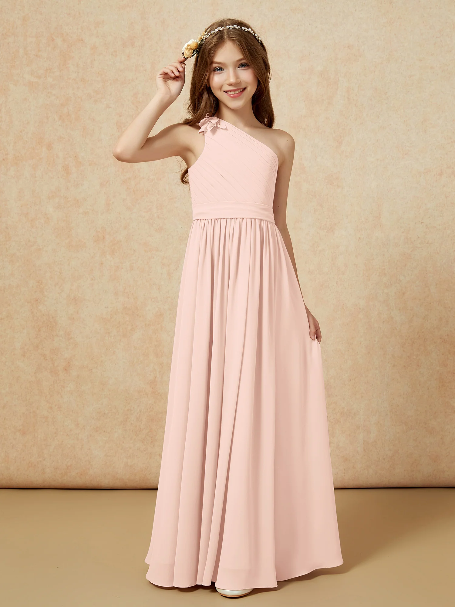 One Shoulder Long Junior Bridesmaid Dress With Belt Pearl Pink - Image 3