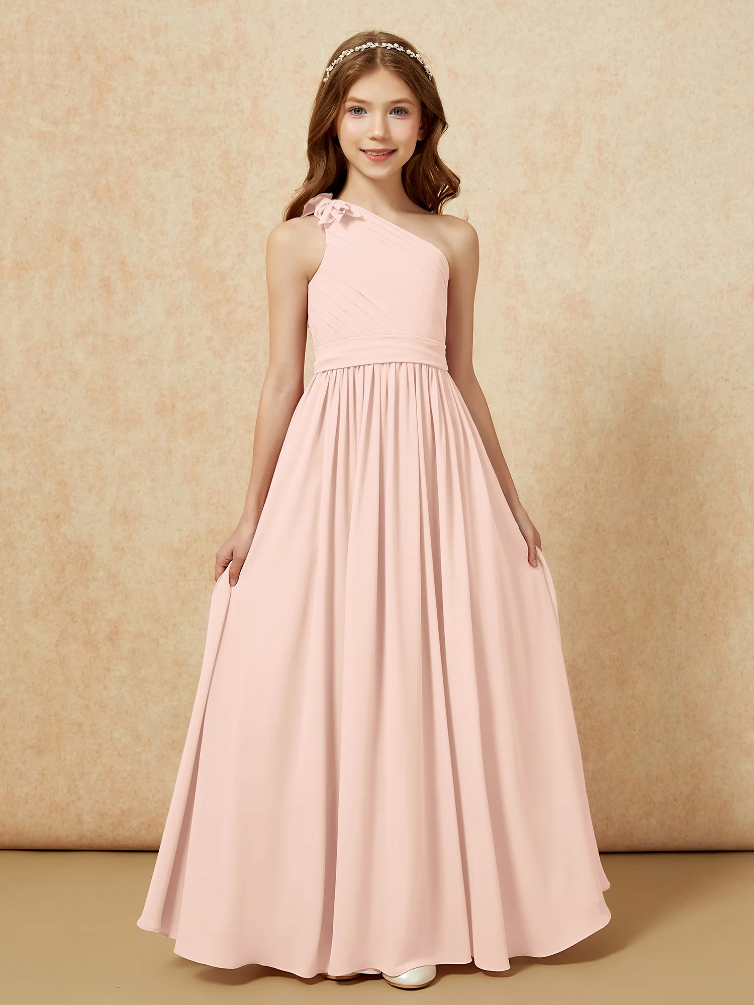 One Shoulder Long Junior Bridesmaid Dress With Belt Pearl Pink - Image 4