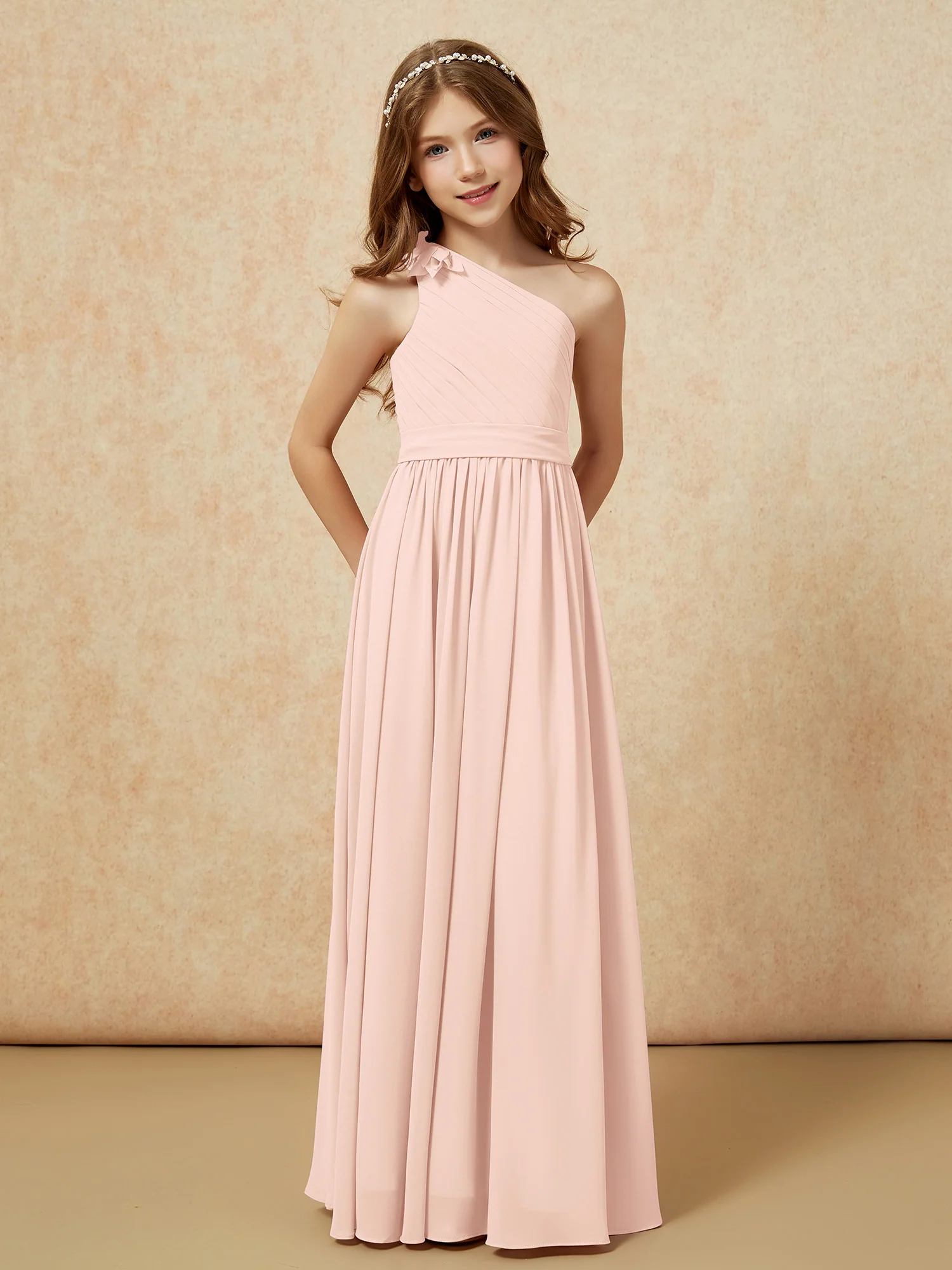 One Shoulder Long Junior Bridesmaid Dress With Belt Pearl Pink - Image 5