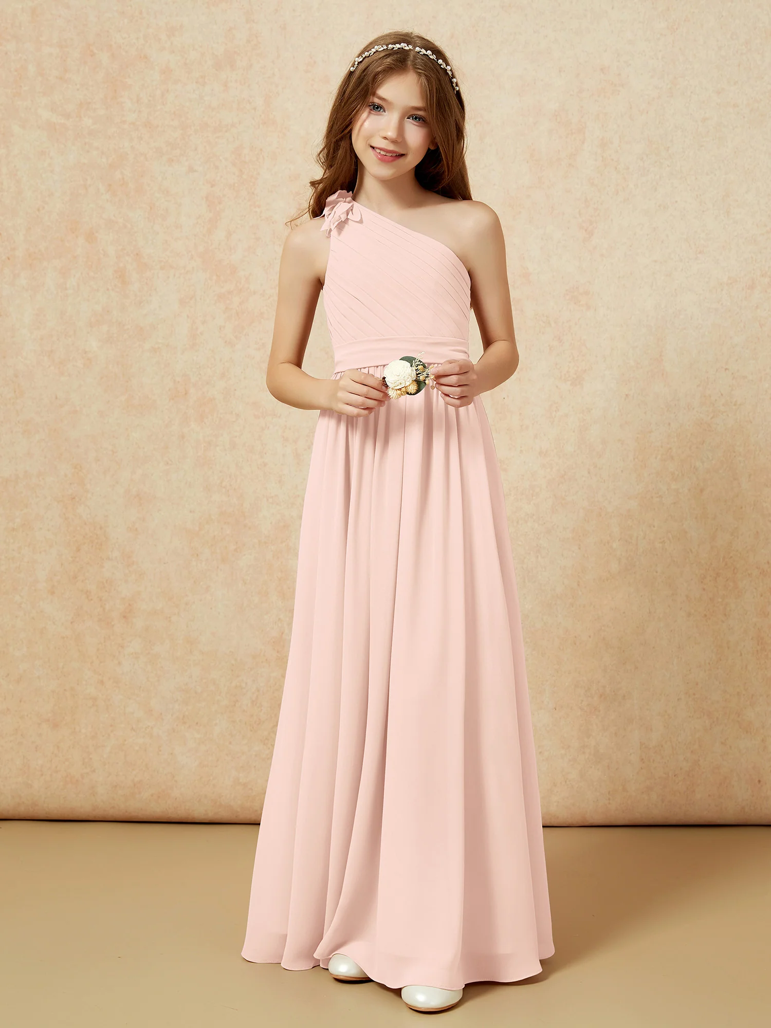 One Shoulder Long Junior Bridesmaid Dress With Belt Pearl Pink - Image 6