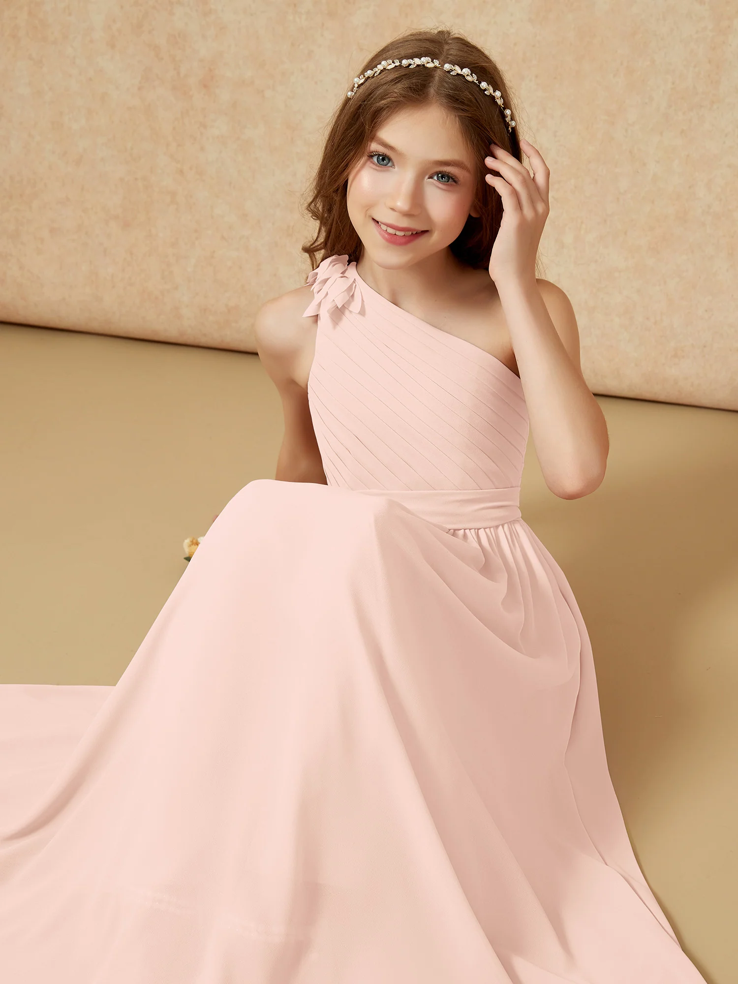 One Shoulder Long Junior Bridesmaid Dress With Belt Pearl Pink - Image 7