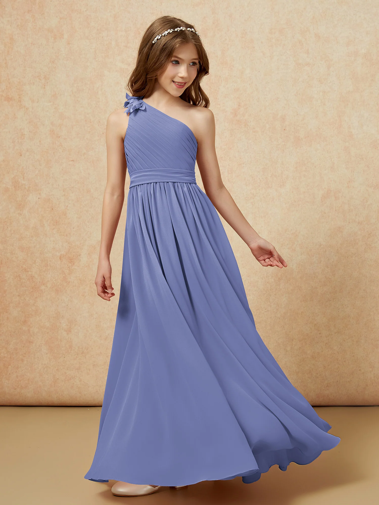 One Shoulder Long Junior Bridesmaid Dress With Belt Periwinkle