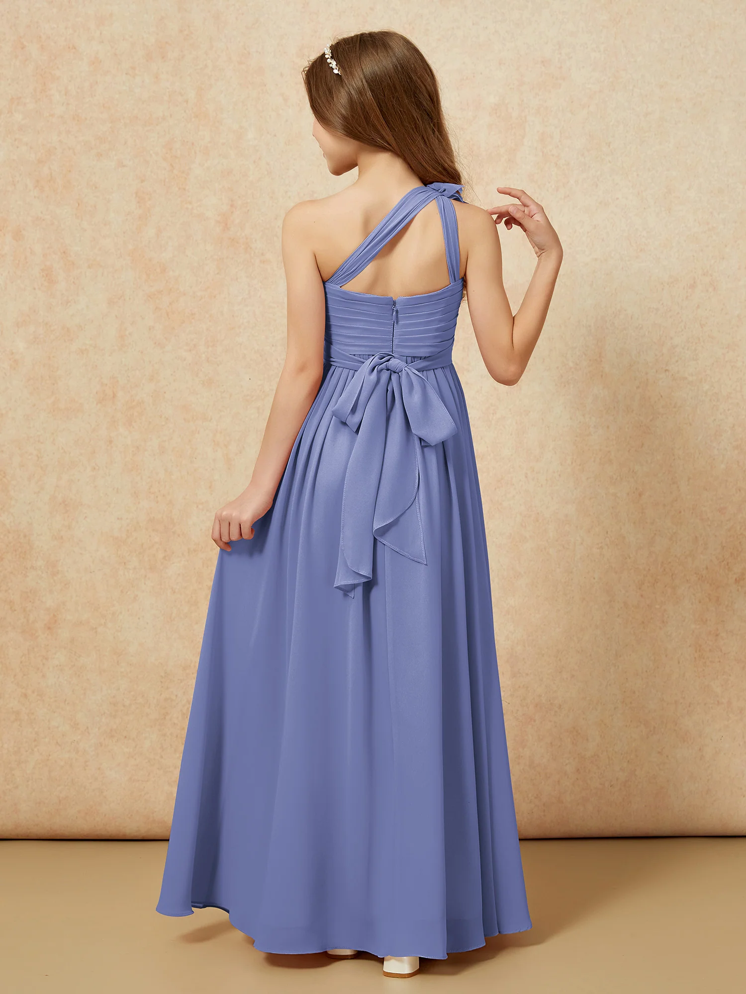 One Shoulder Long Junior Bridesmaid Dress With Belt Periwinkle - Image 2