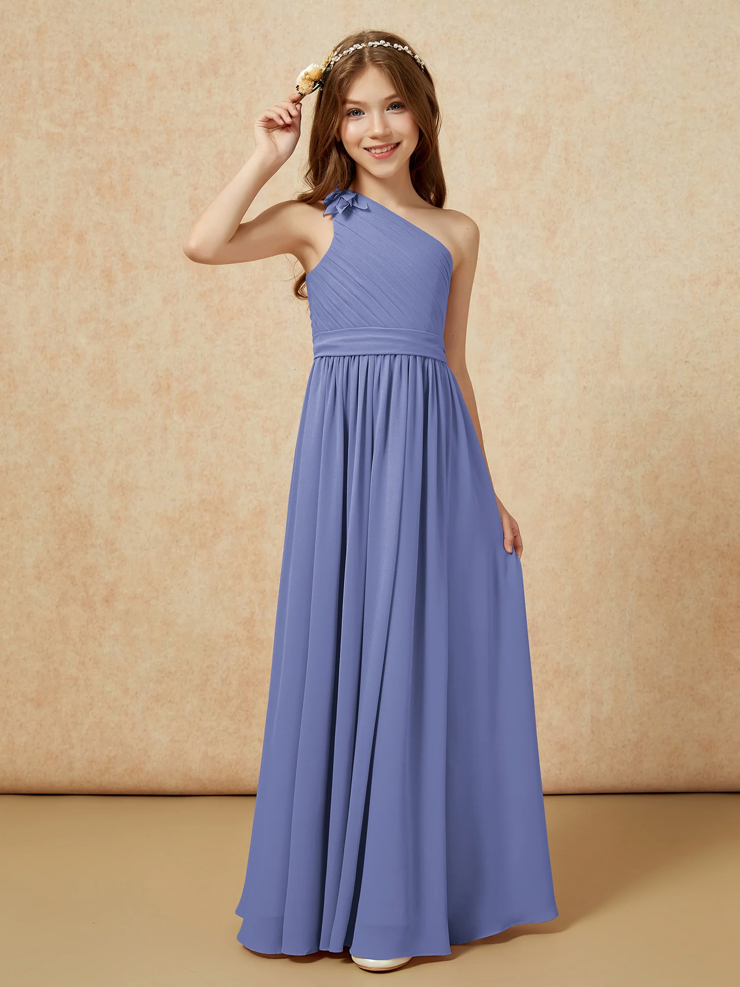 One Shoulder Long Junior Bridesmaid Dress With Belt Periwinkle - Image 3