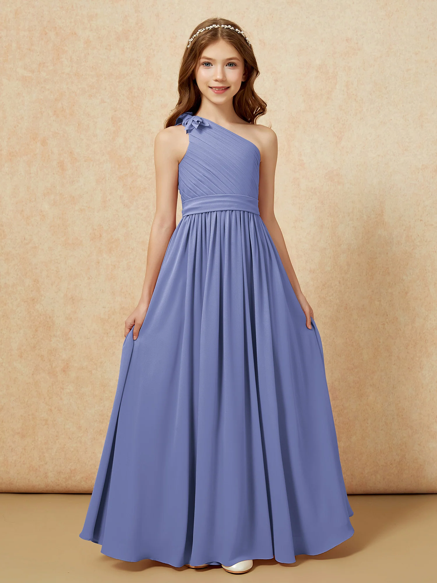One Shoulder Long Junior Bridesmaid Dress With Belt Periwinkle - Image 4