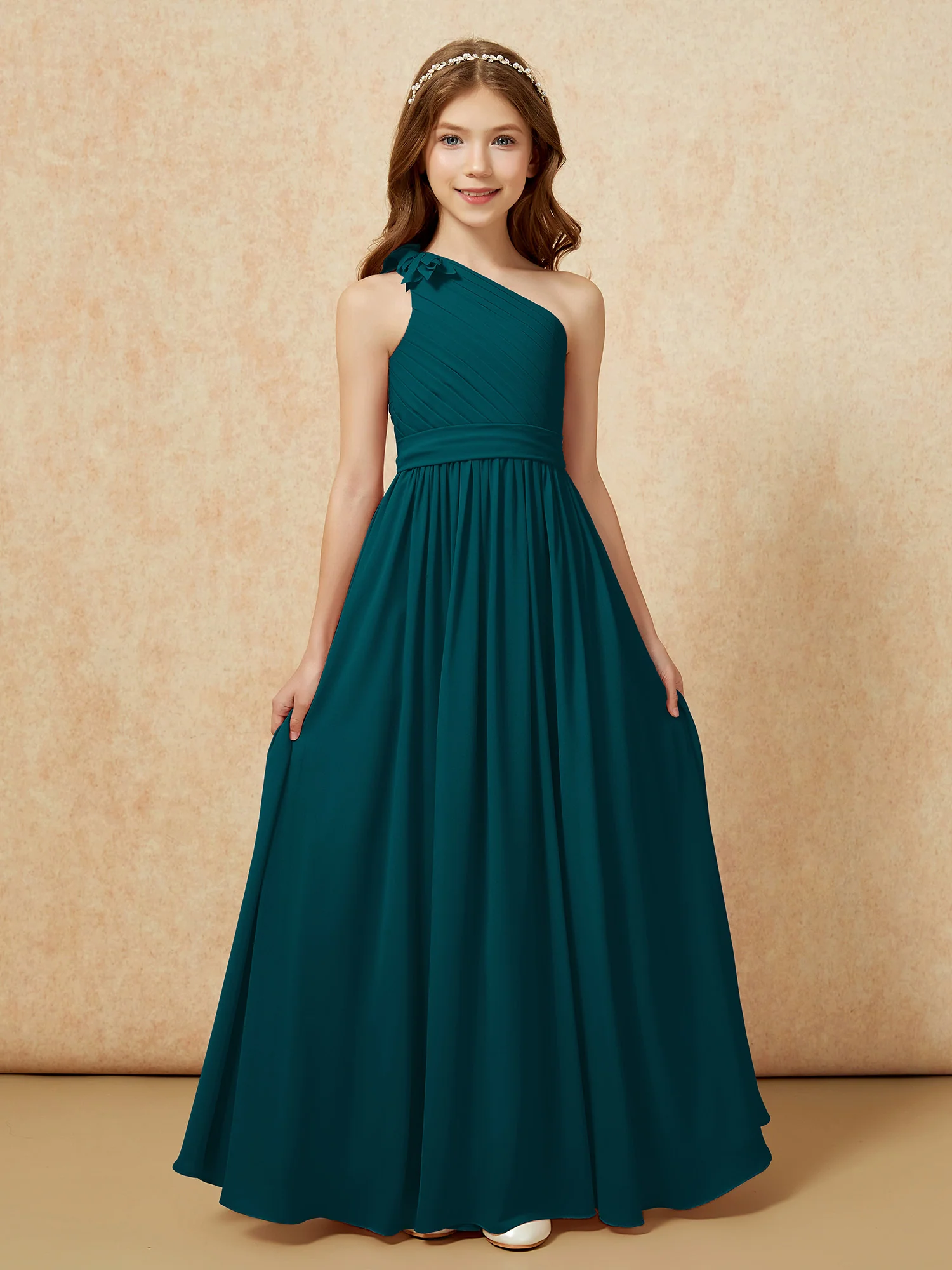 One Shoulder Long Junior Bridesmaid Dress With Belt Pine - Image 4