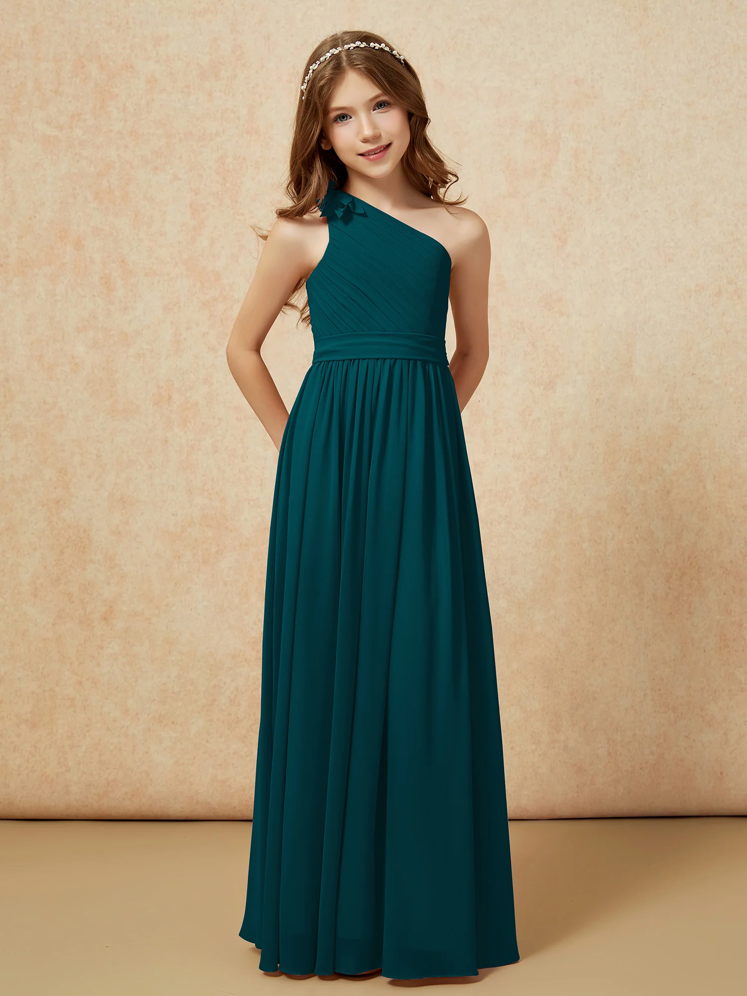 One Shoulder Long Junior Bridesmaid Dress With Belt Pine - Image 5