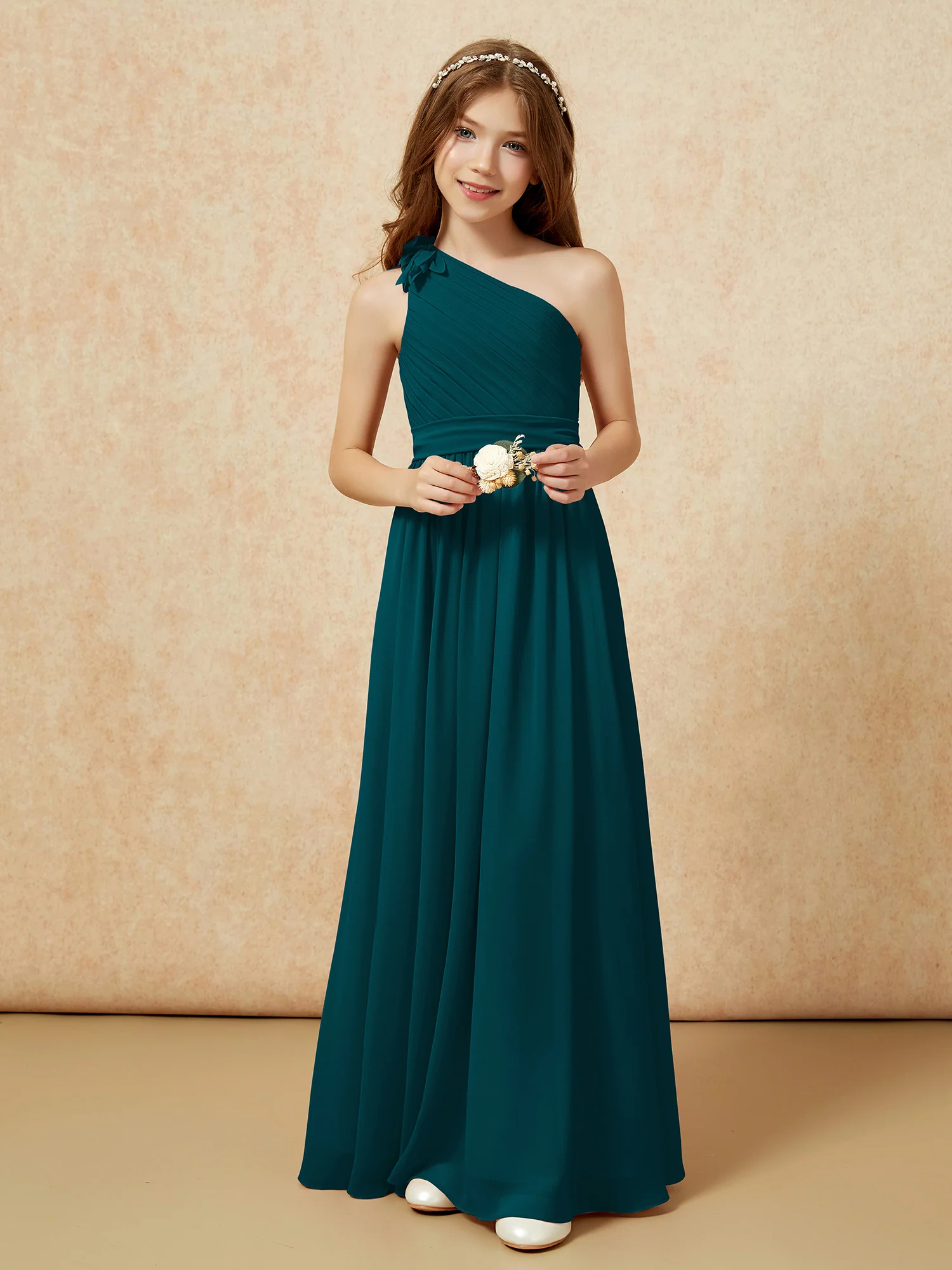 One Shoulder Long Junior Bridesmaid Dress With Belt Pine - Image 6
