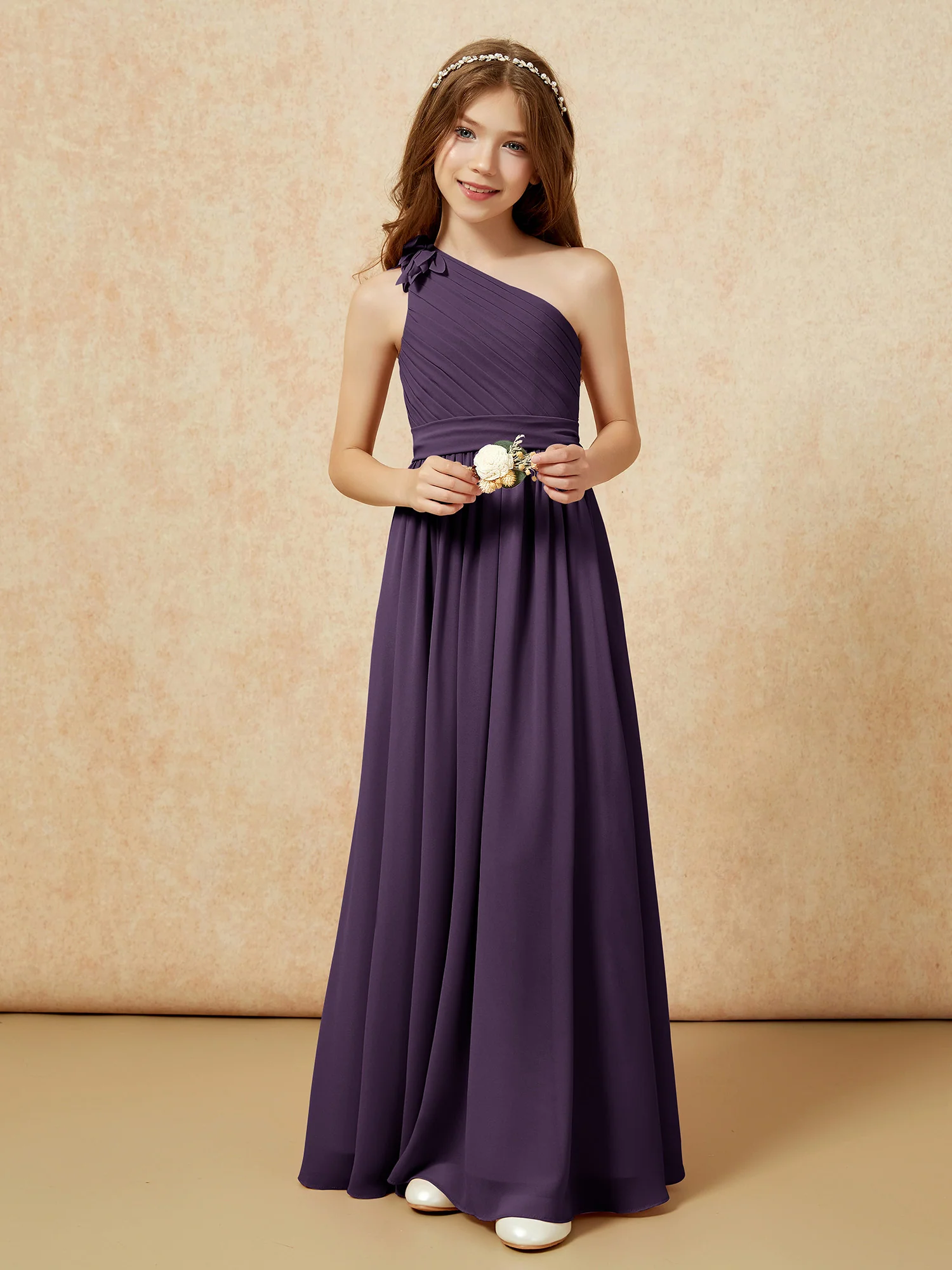 One Shoulder Long Junior Bridesmaid Dress With Belt Plum - Image 6