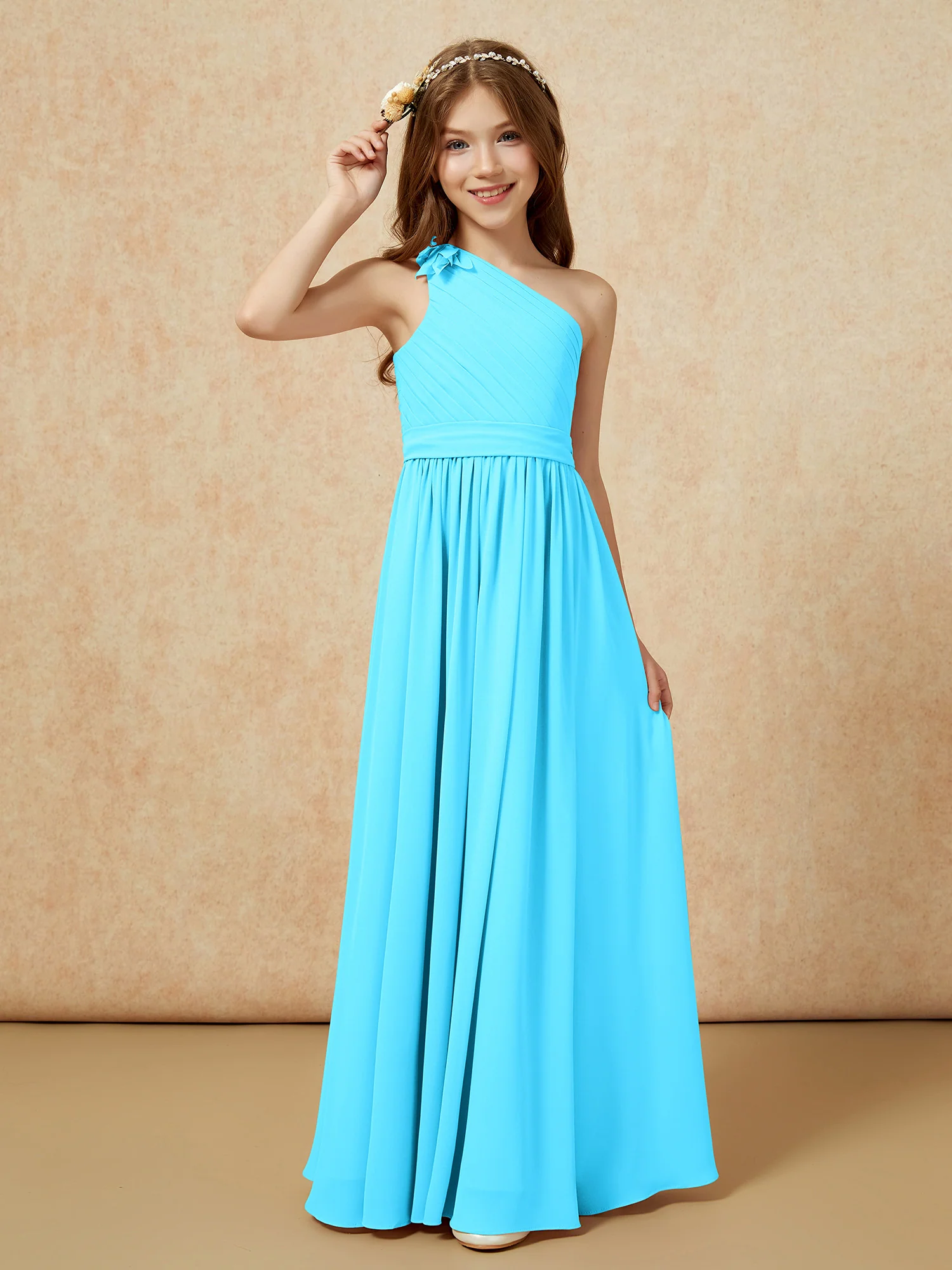 One Shoulder Long Junior Bridesmaid Dress With Belt Pool - Image 3