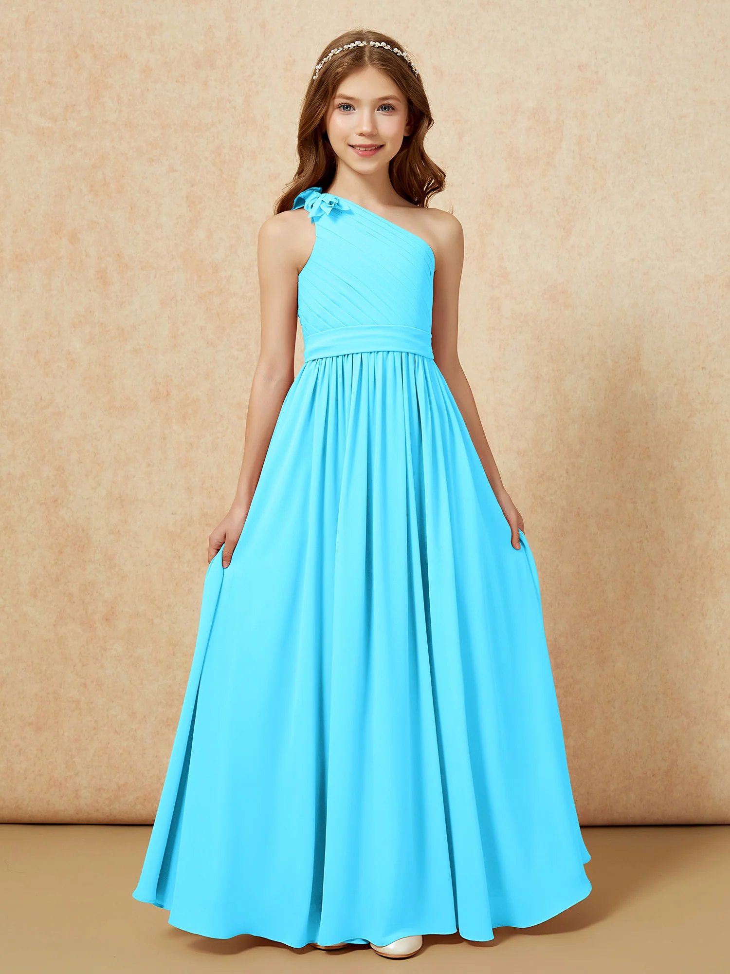 One Shoulder Long Junior Bridesmaid Dress With Belt Pool - Image 4