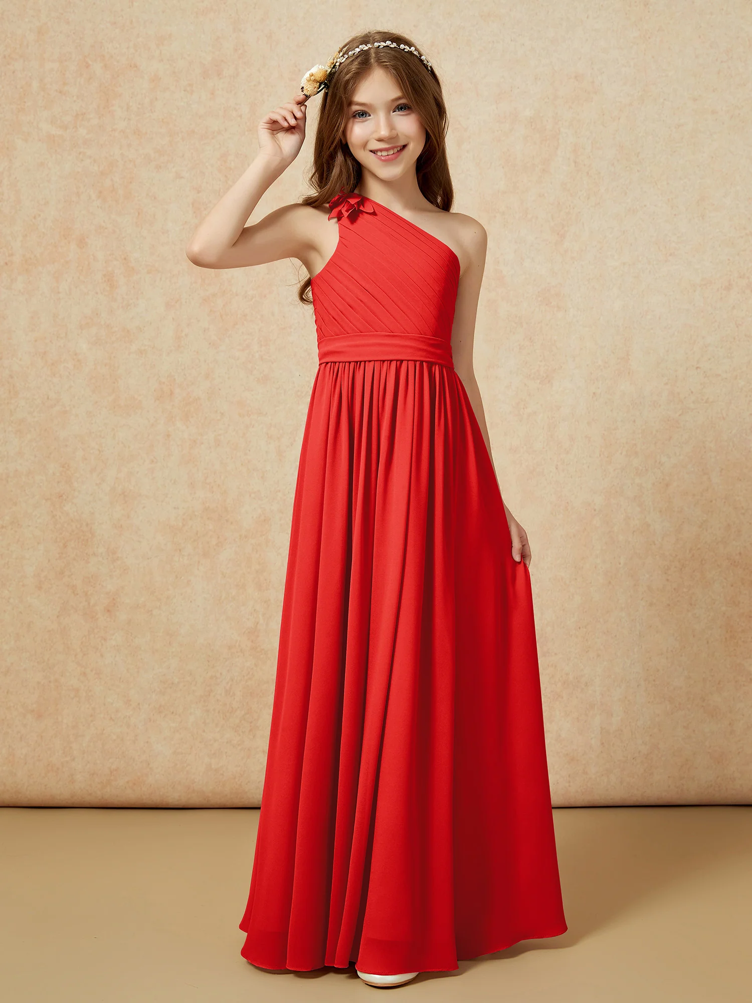 One Shoulder Long Junior Bridesmaid Dress With Belt Red - Image 3