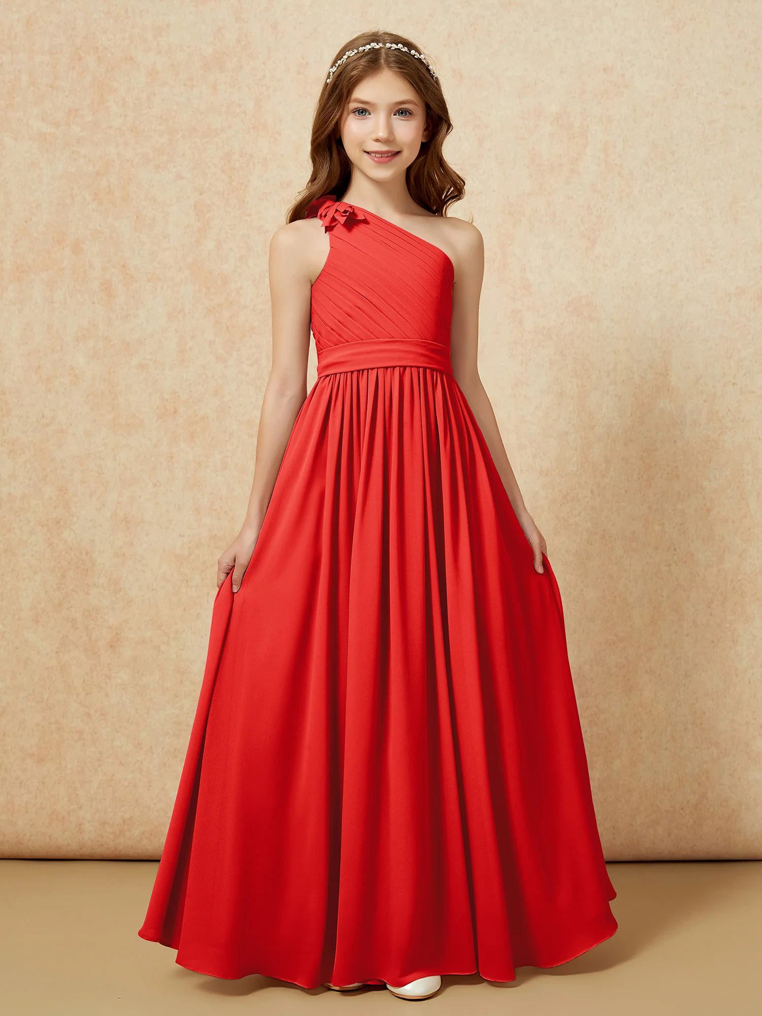 One Shoulder Long Junior Bridesmaid Dress With Belt Red - Image 4