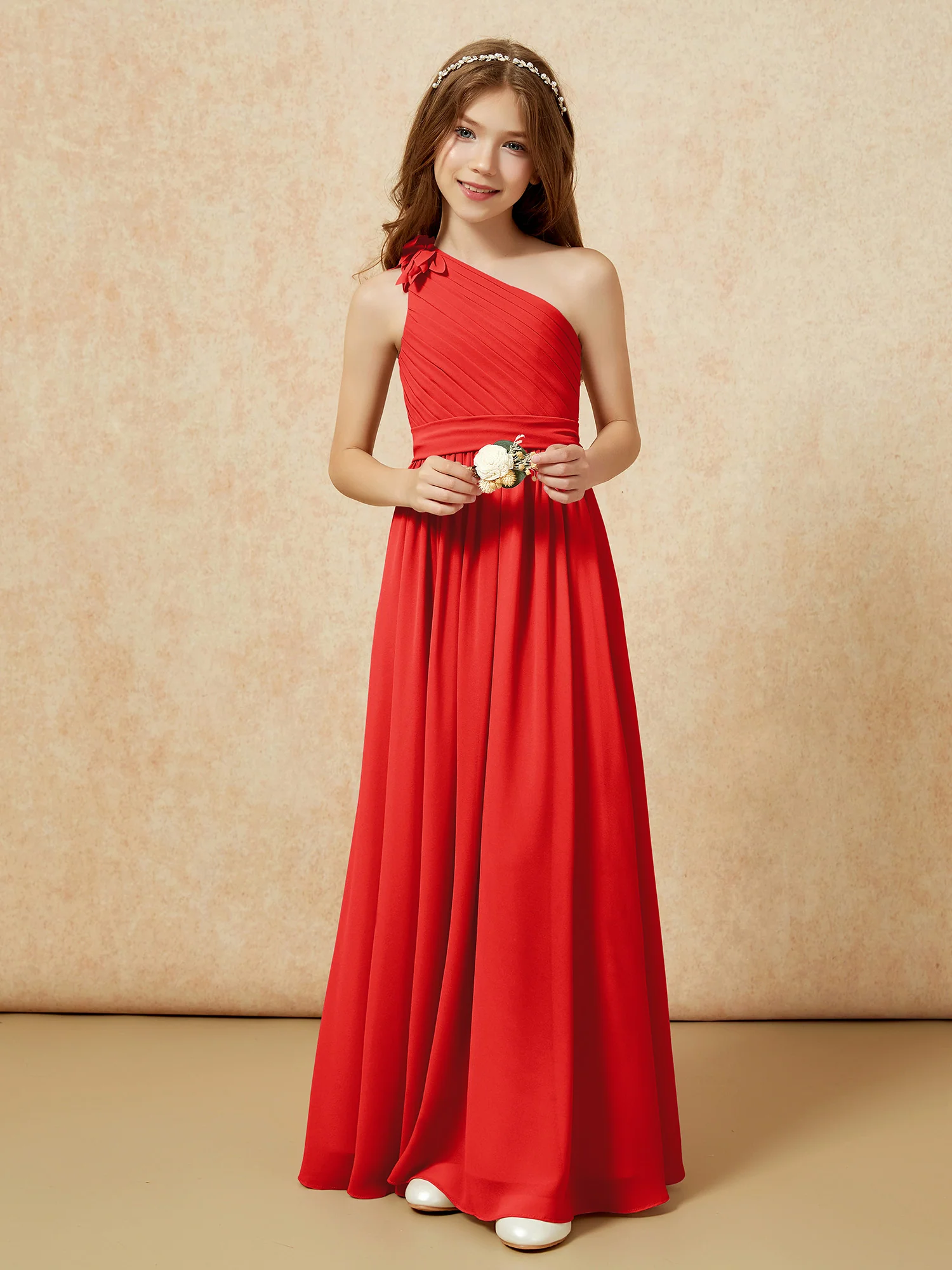 One Shoulder Long Junior Bridesmaid Dress With Belt Red - Image 6