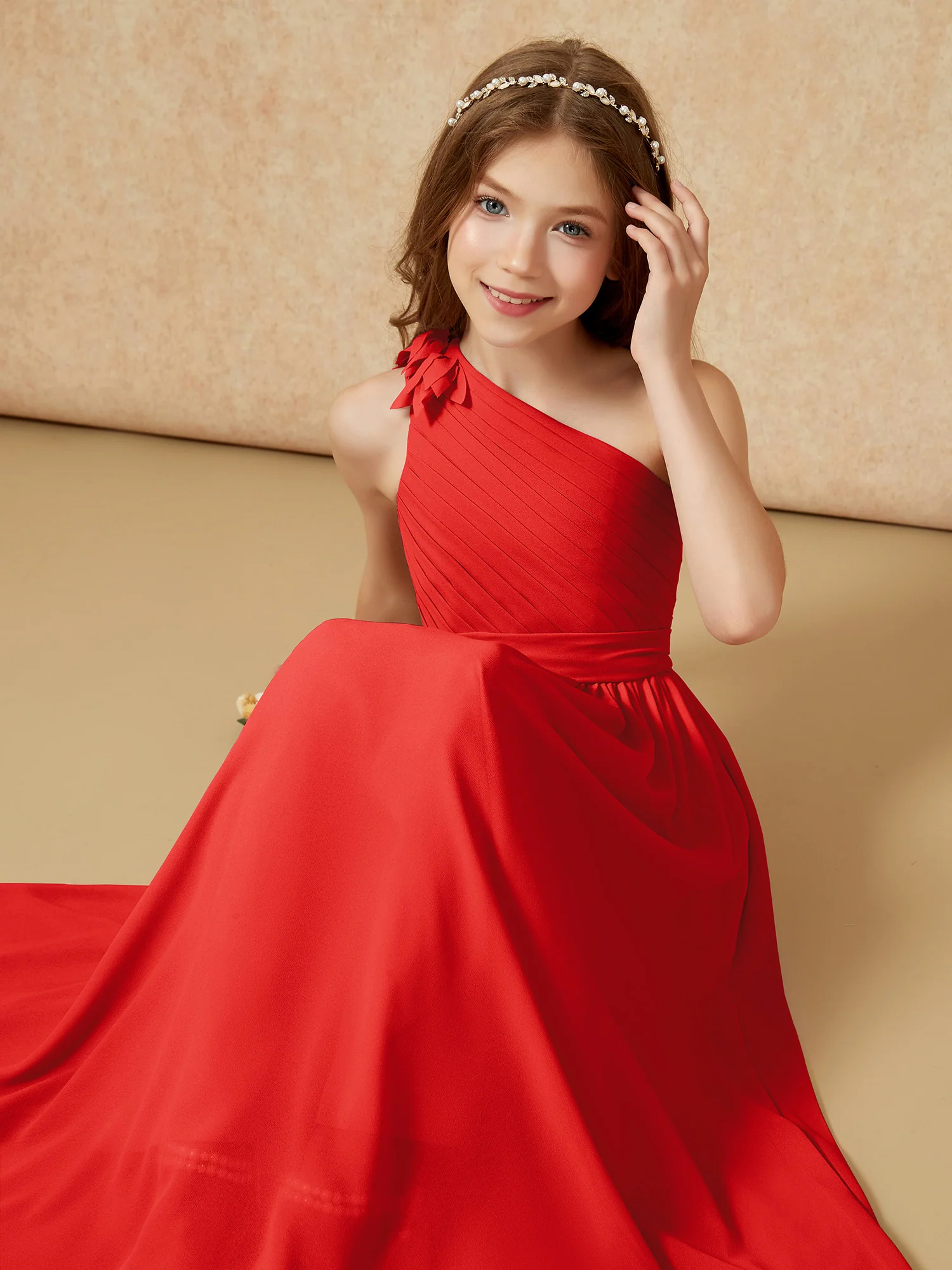 One Shoulder Long Junior Bridesmaid Dress With Belt Red - Image 7